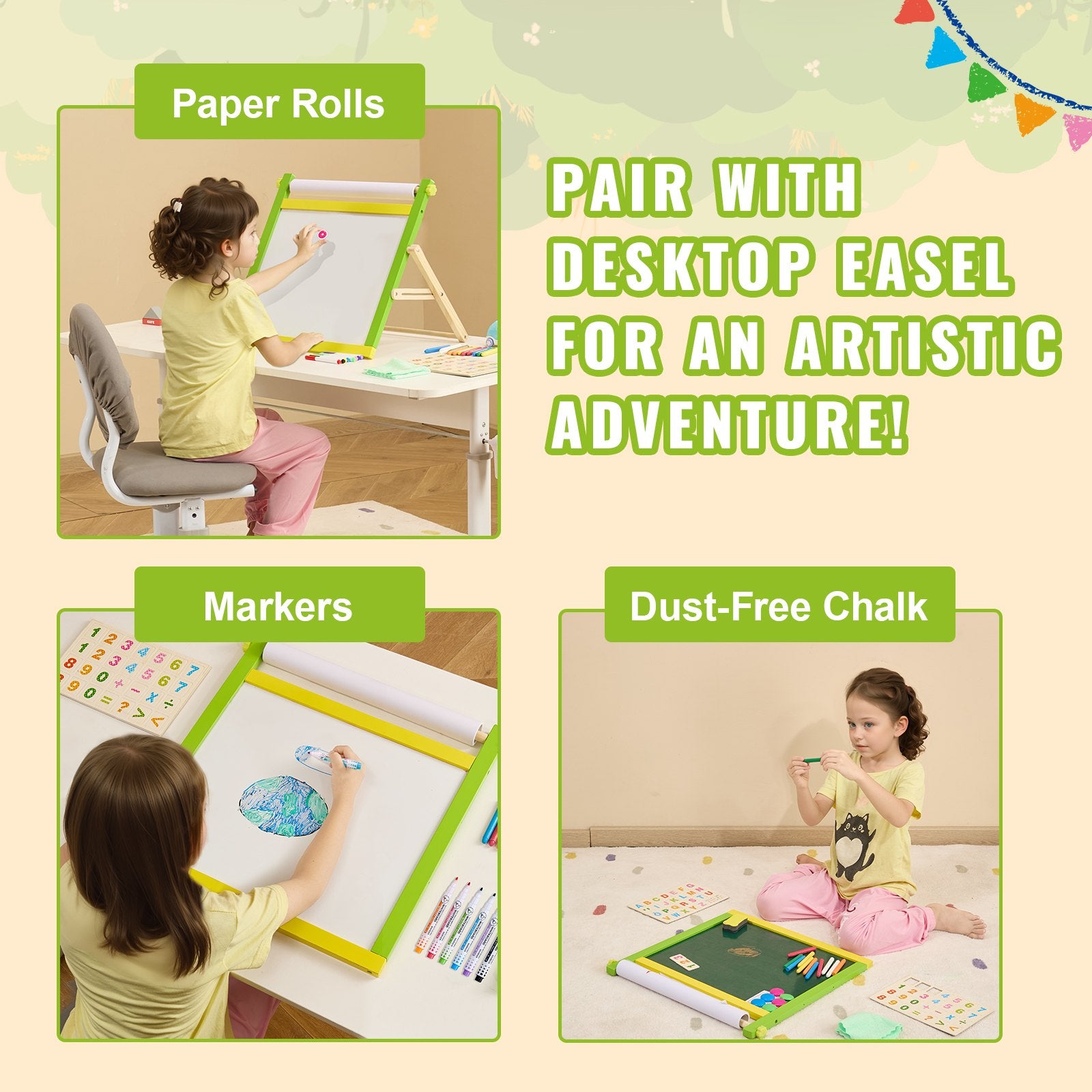 32-Piece Children's Easel Painting Kit with Chalk, Dry-Erase Markers, Paper Rolls - Ideal Art Supplies for Toddlers & Kids Ages 3-14