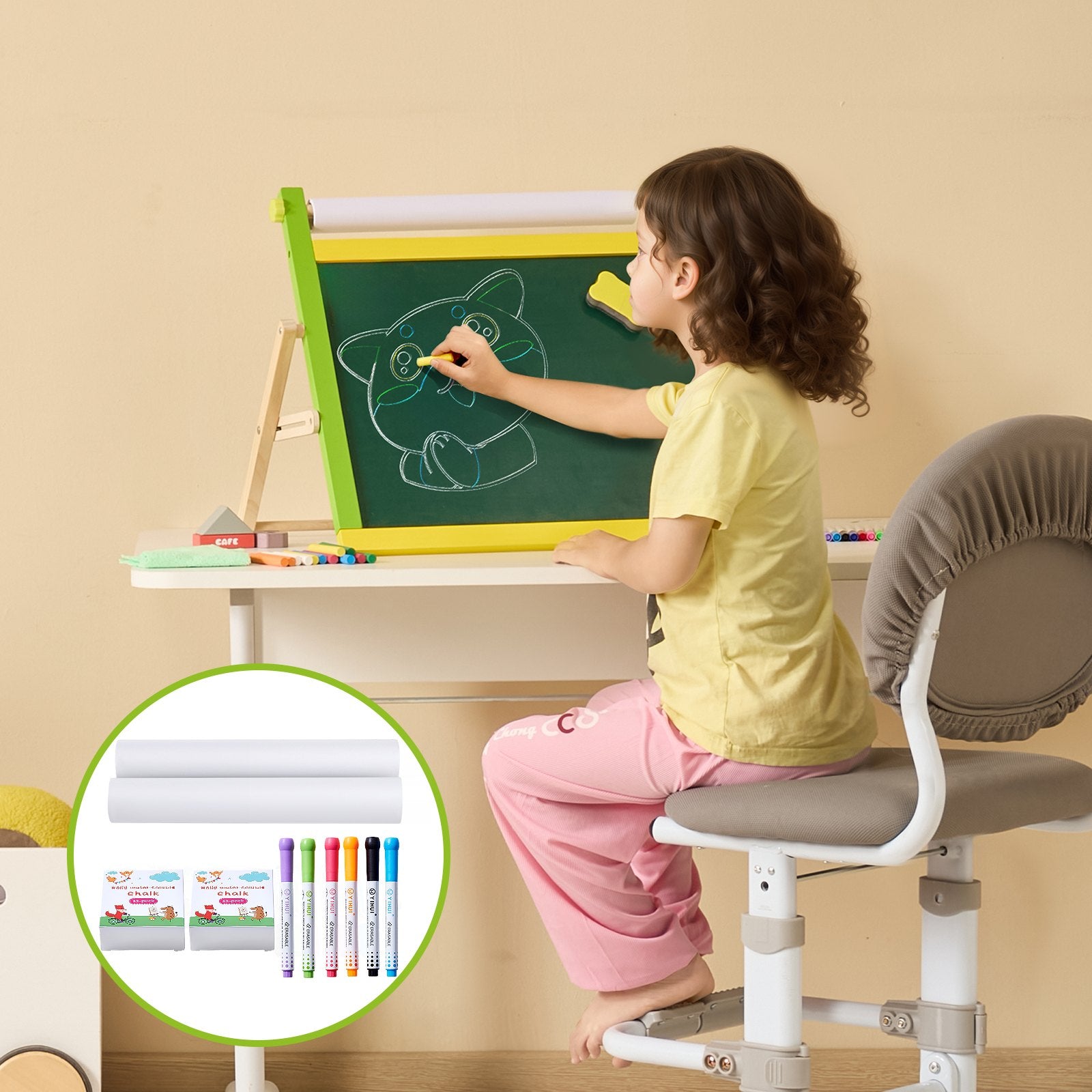 32-Piece Children's Easel Painting Kit with Chalk, Dry-Erase Markers, Paper Rolls - Ideal Art Supplies for Toddlers & Kids Ages 3-14