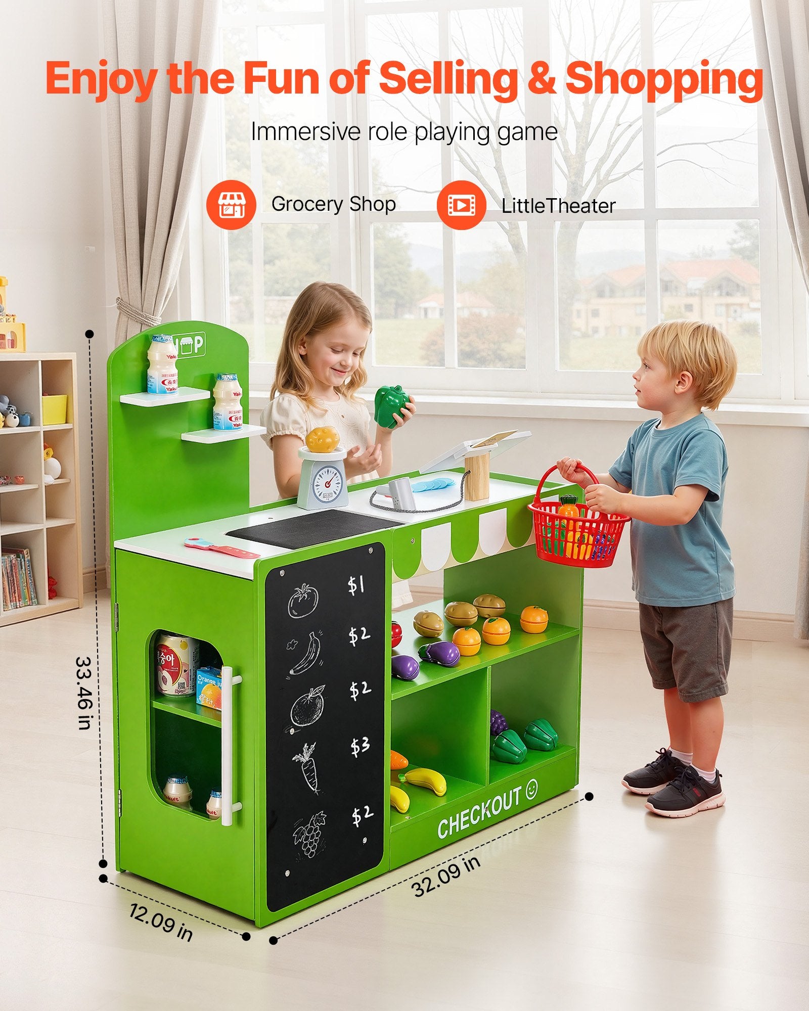 Kids Wooden Grocery Store Playset - Market Stand with Conveyor Belt, Scanner, Cash Register & Scale | Perfect Gift for Imaginative Boys & Girls