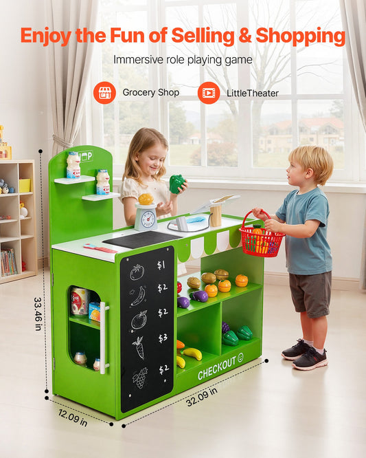 Kids Wooden Grocery Store Playset - Market Stand with Conveyor Belt, Scanner, Cash Register & Scale | Perfect Gift for Imaginative Boys & Girls