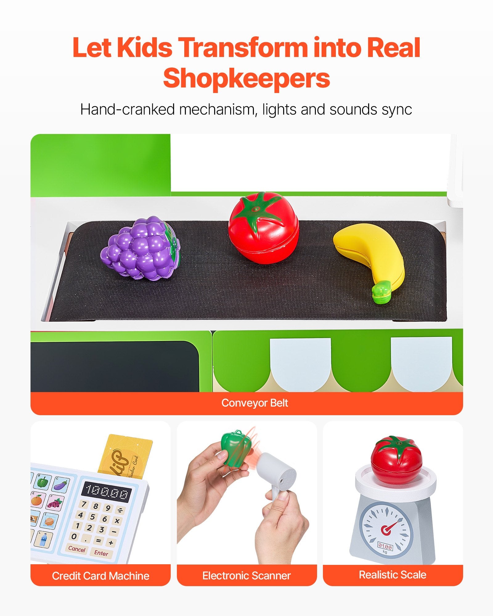 Kids Wooden Grocery Store Playset - Market Stand with Conveyor Belt, Scanner, Cash Register & Scale | Perfect Gift for Imaginative Boys & Girls