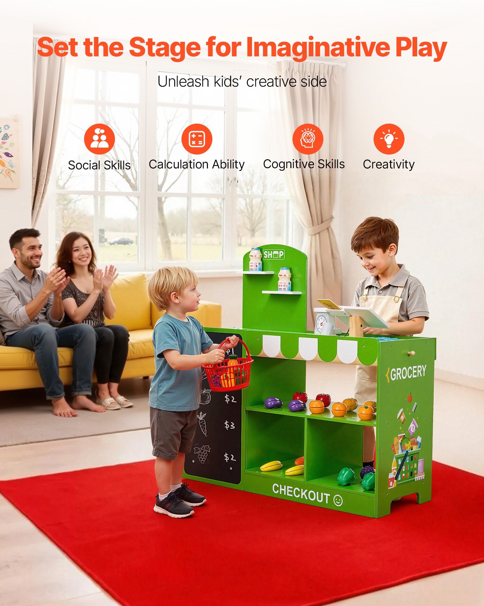 Kids Wooden Grocery Store Playset - Market Stand with Conveyor Belt, Scanner, Cash Register & Scale | Perfect Gift for Imaginative Boys & Girls