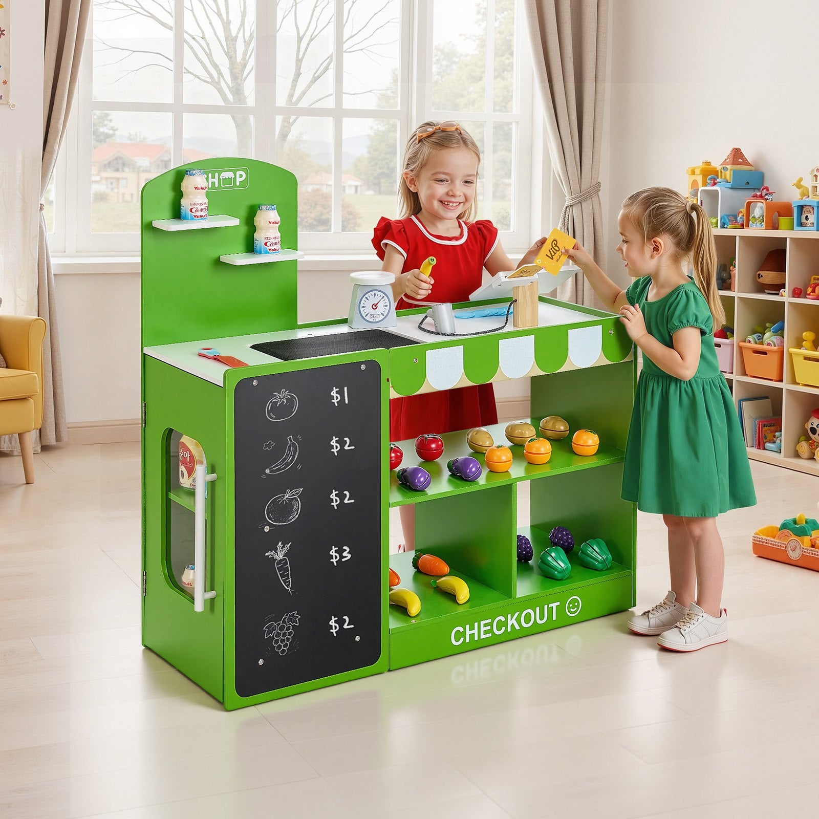 Kids Wooden Grocery Store Playset - Market Stand with Conveyor Belt, Scanner, Cash Register & Scale | Perfect Gift for Imaginative Boys & Girls