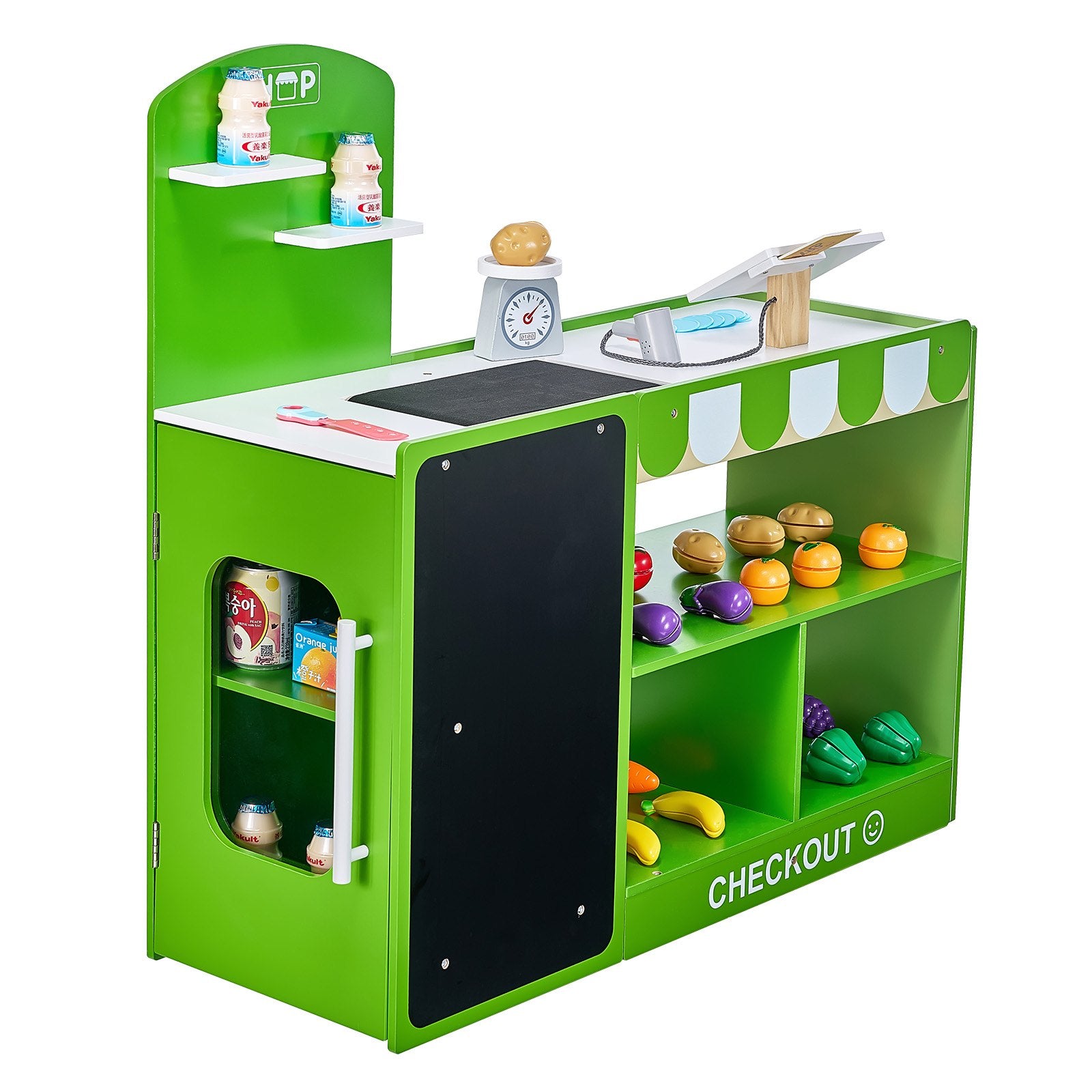 Kids Wooden Grocery Store Playset - Market Stand with Conveyor Belt, Scanner, Cash Register & Scale | Perfect Gift for Imaginative Boys & Girls
