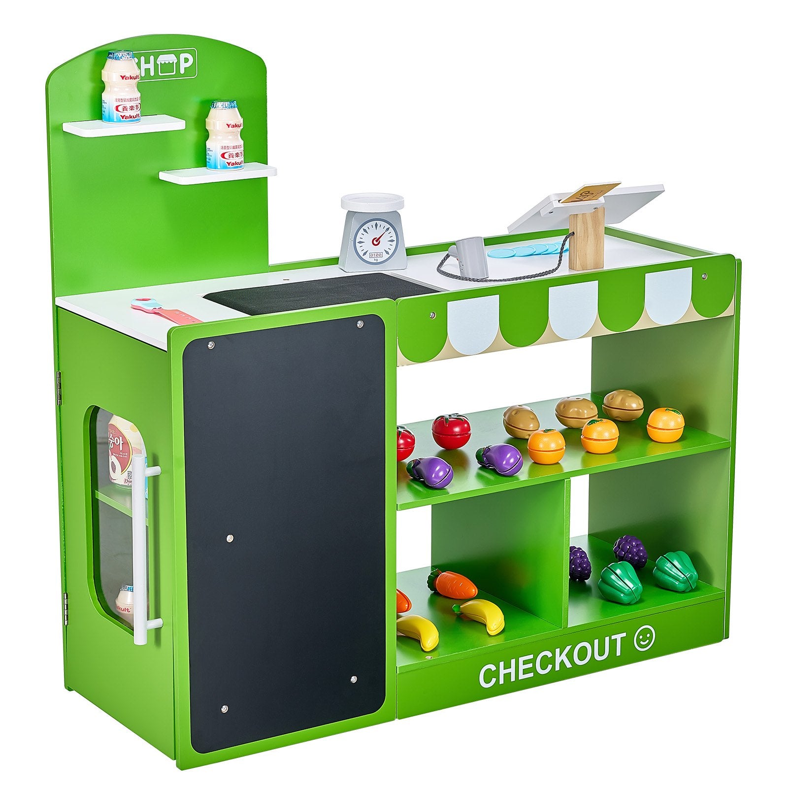 Kids Wooden Grocery Store Playset - Market Stand with Conveyor Belt, Scanner, Cash Register & Scale | Perfect Gift for Imaginative Boys & Girls