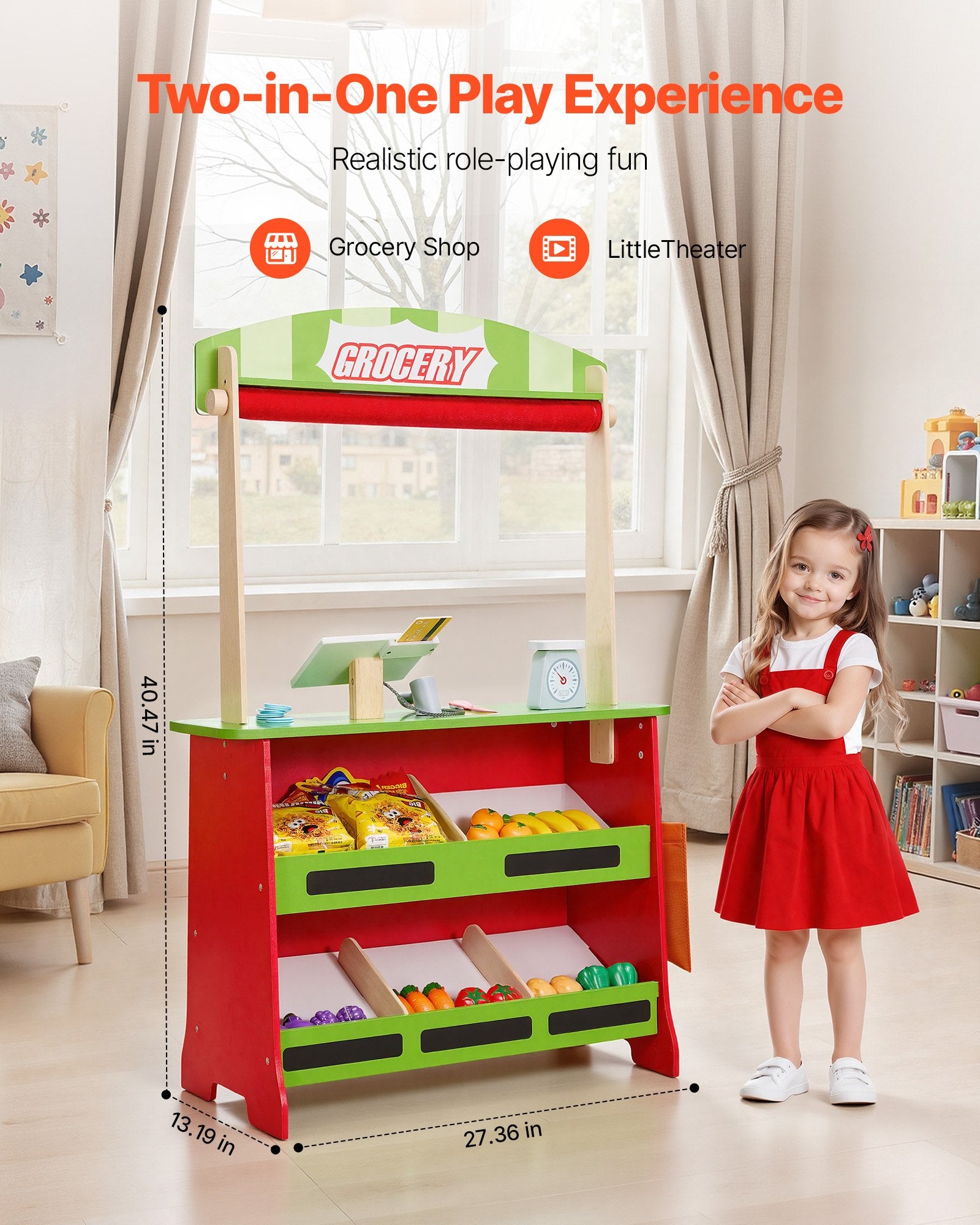 2-in-1 Wooden Puppet Theater & Grocery Store Playset with Chalkboard, Curtains, & Cash Register - Perfect Kids' Pretend Play Market Stand Gift
