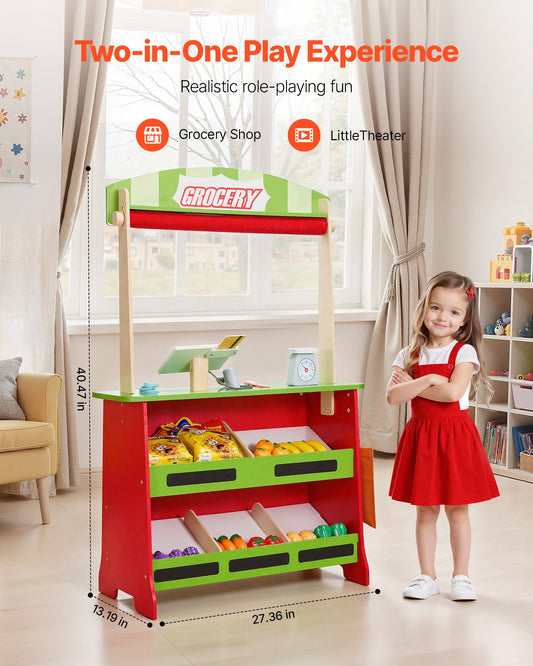 2-in-1 Wooden Puppet Theater & Grocery Store Playset with Chalkboard, Curtains, & Cash Register - Perfect Kids' Pretend Play Market Stand Gift