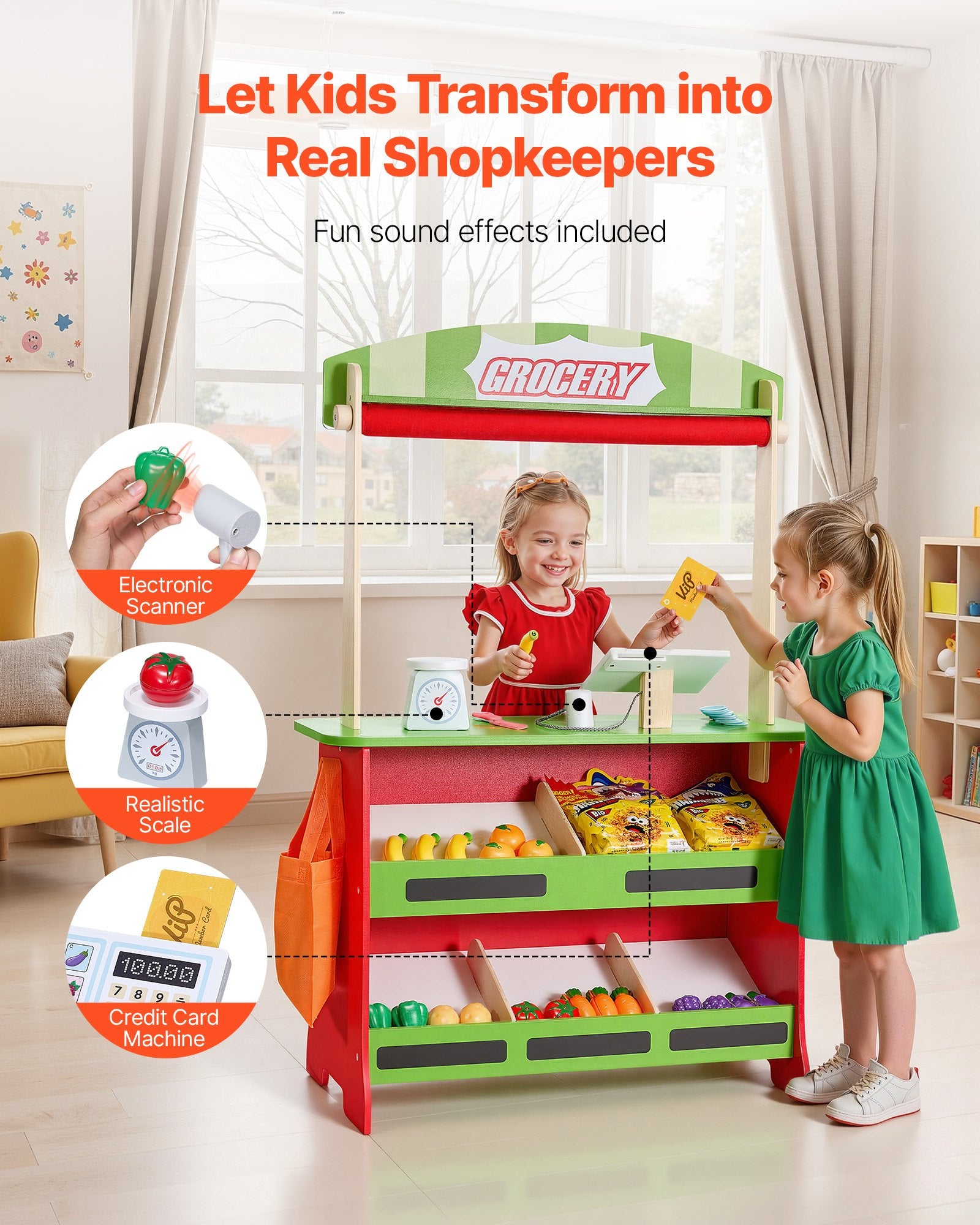 2-in-1 Wooden Puppet Theater & Grocery Store Playset with Chalkboard, Curtains, & Cash Register - Perfect Kids' Pretend Play Market Stand Gift