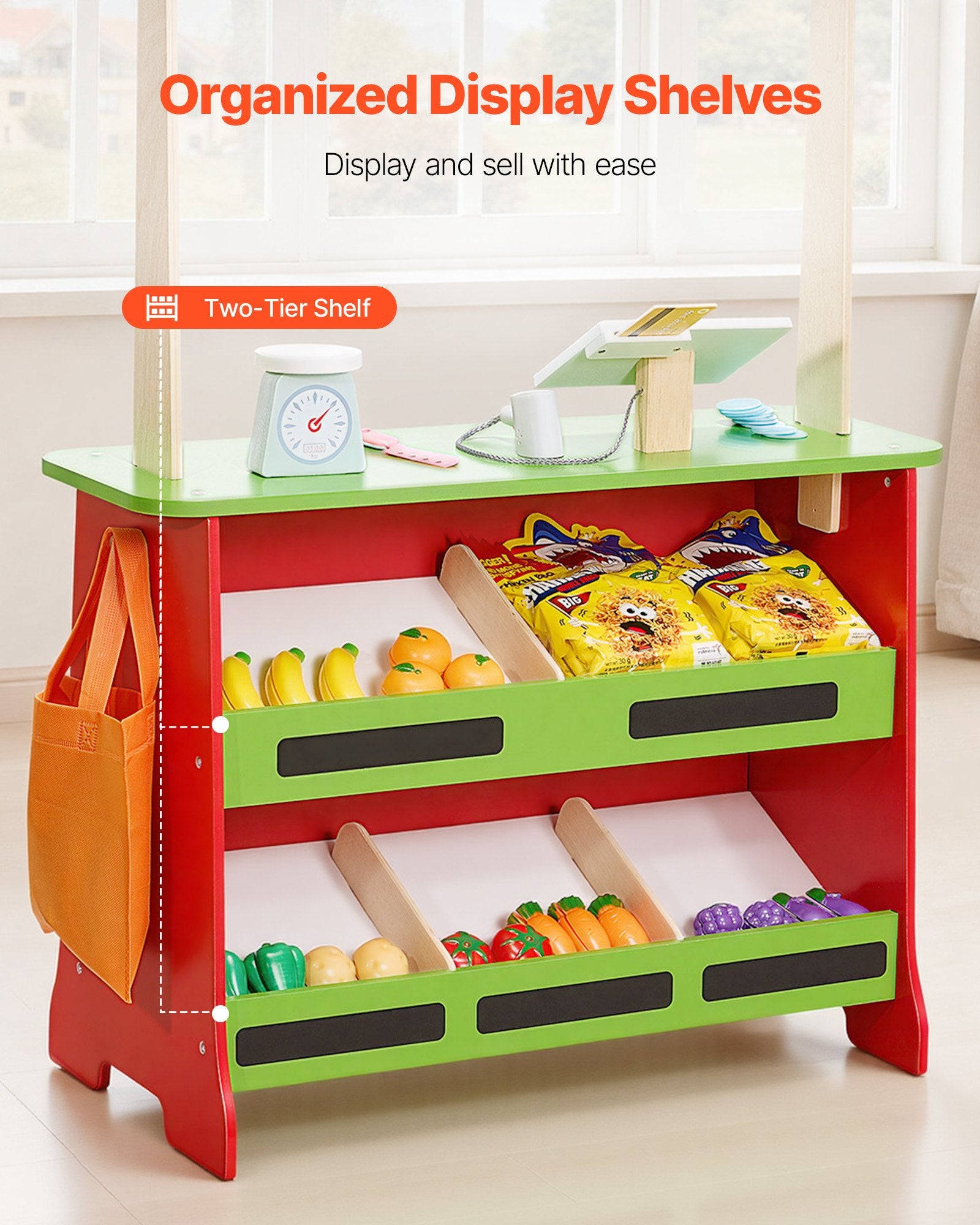 2-in-1 Wooden Puppet Theater & Grocery Store Playset with Chalkboard, Curtains, & Cash Register - Perfect Kids' Pretend Play Market Stand Gift
