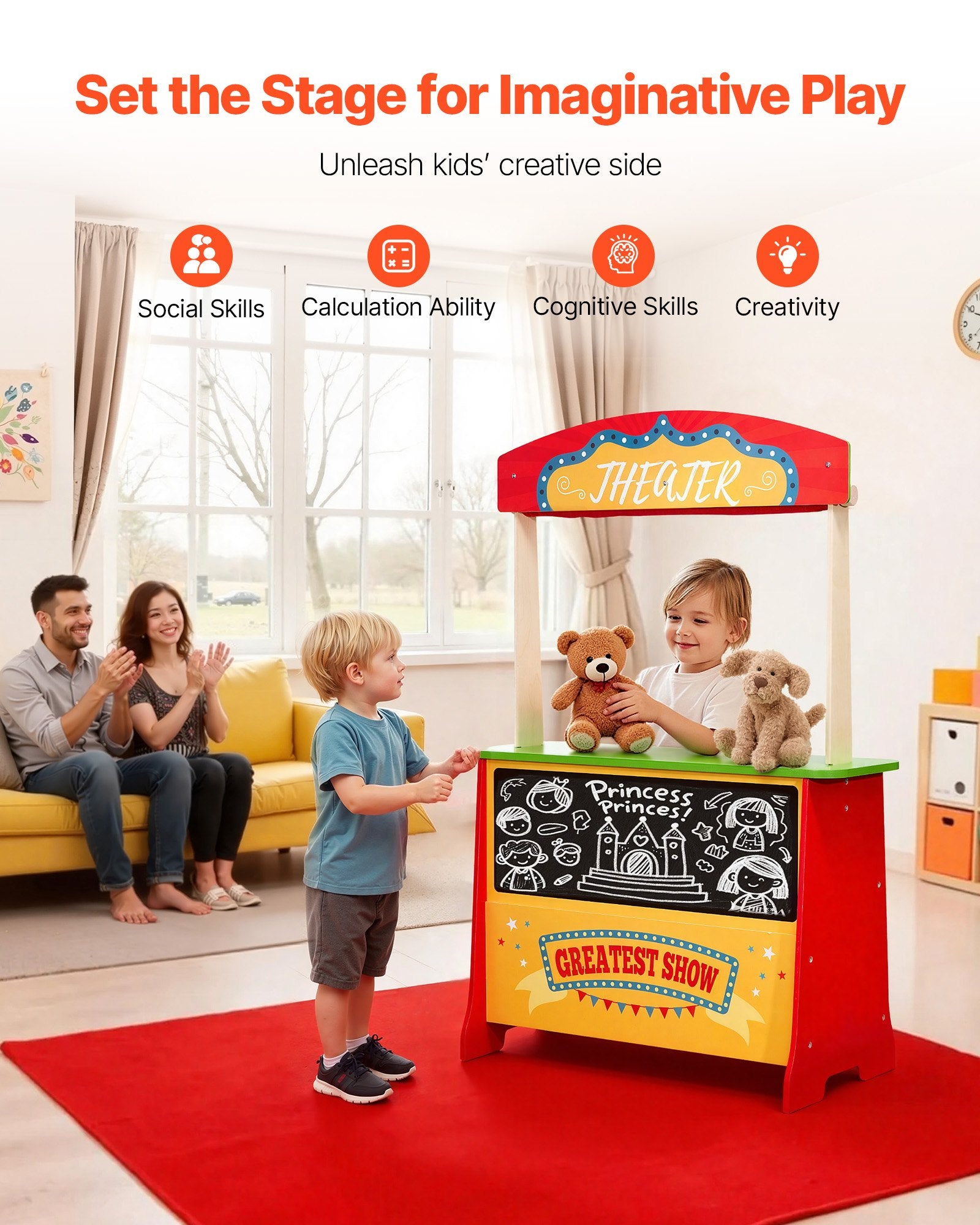2-in-1 Wooden Puppet Theater & Grocery Store Playset with Chalkboard, Curtains, & Cash Register - Perfect Kids' Pretend Play Market Stand Gift
