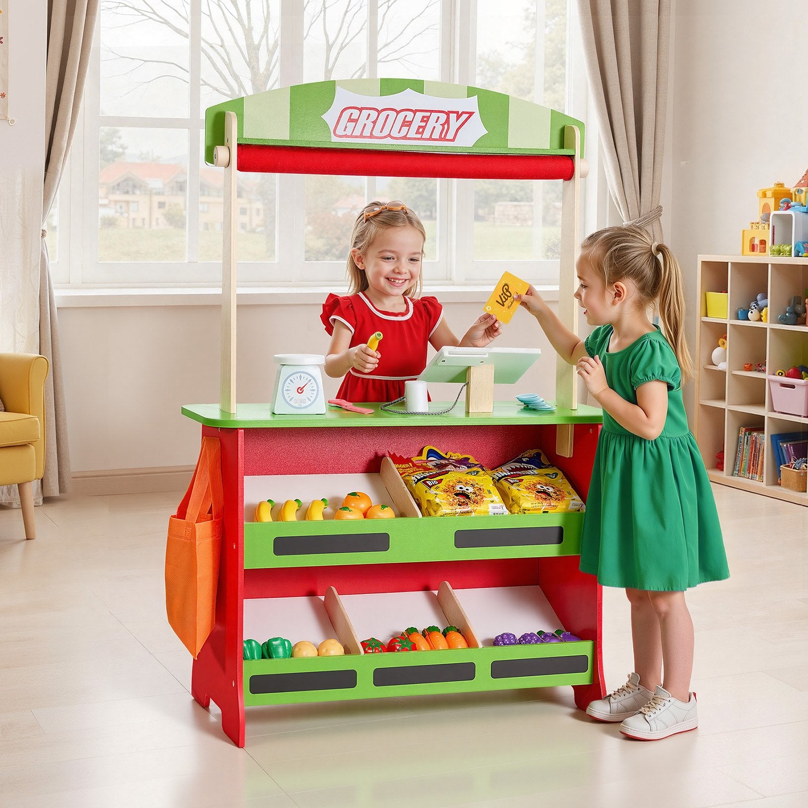 2-in-1 Wooden Puppet Theater & Grocery Store Playset with Chalkboard, Curtains, & Cash Register - Perfect Kids' Pretend Play Market Stand Gift