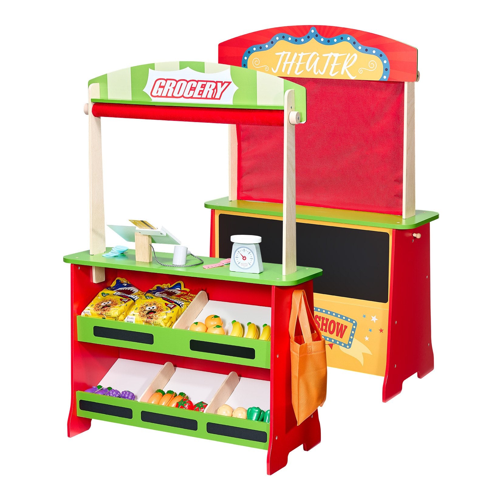 2-in-1 Wooden Puppet Theater & Grocery Store Playset with Chalkboard, Curtains, & Cash Register - Perfect Kids' Pretend Play Market Stand Gift