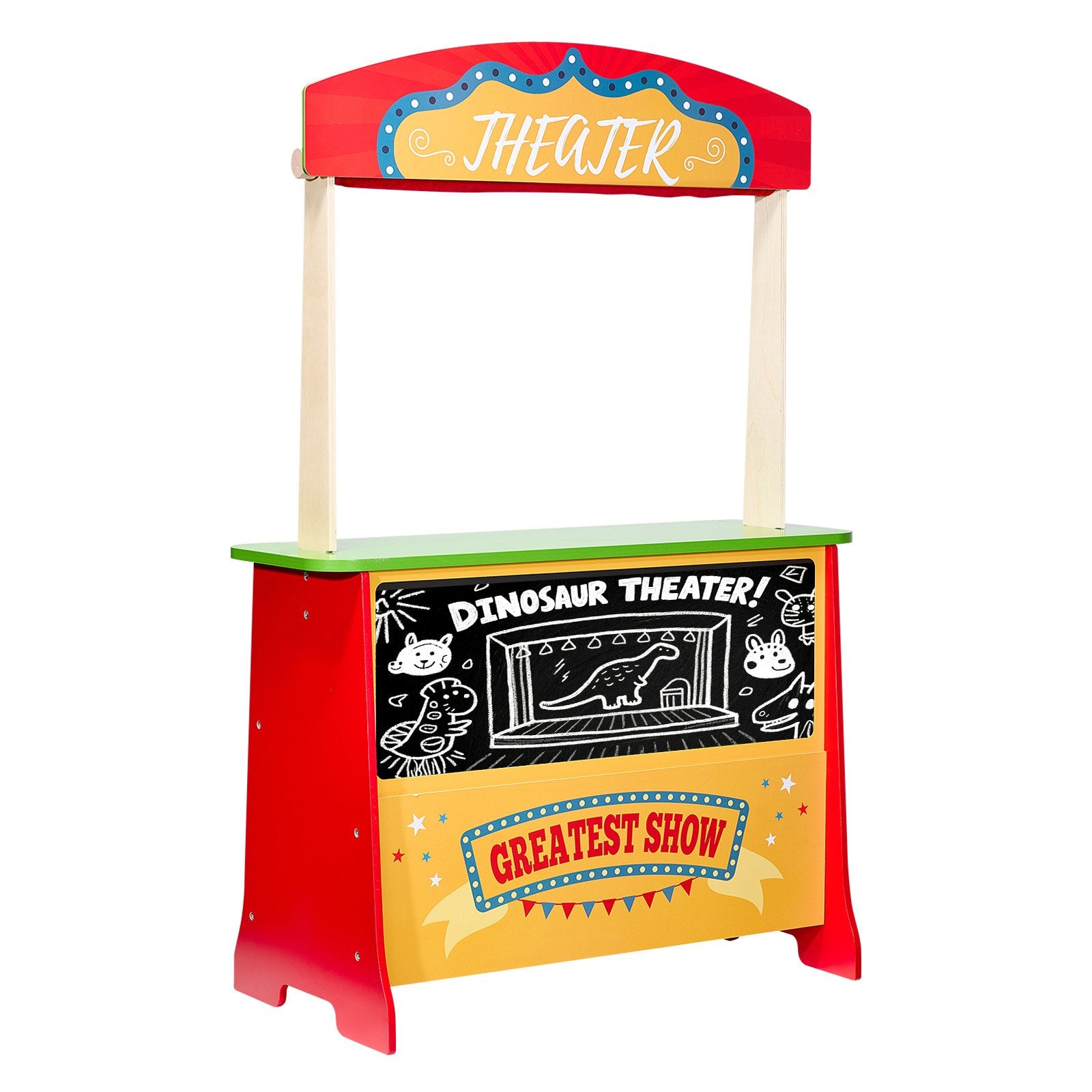 2-in-1 Wooden Puppet Theater & Grocery Store Playset with Chalkboard, Curtains, & Cash Register - Perfect Kids' Pretend Play Market Stand Gift