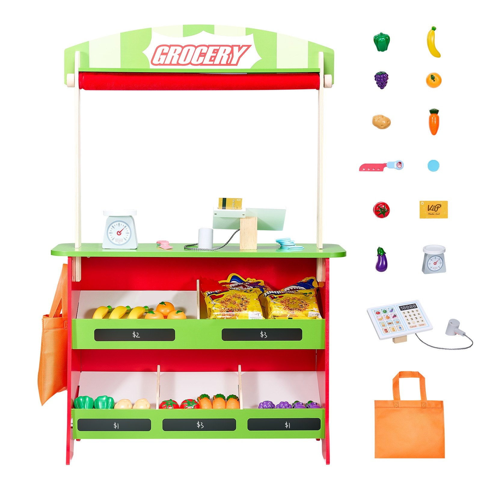 2-in-1 Wooden Puppet Theater & Grocery Store Playset with Chalkboard, Curtains, & Cash Register - Perfect Kids' Pretend Play Market Stand Gift