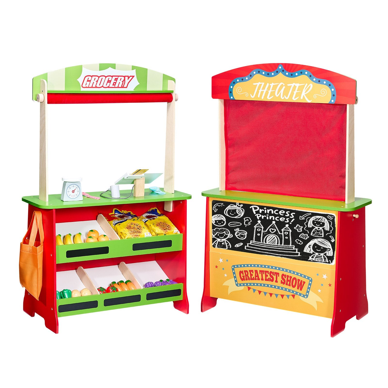 2-in-1 Wooden Puppet Theater & Grocery Store Playset with Chalkboard, Curtains, & Cash Register - Perfect Kids' Pretend Play Market Stand Gift