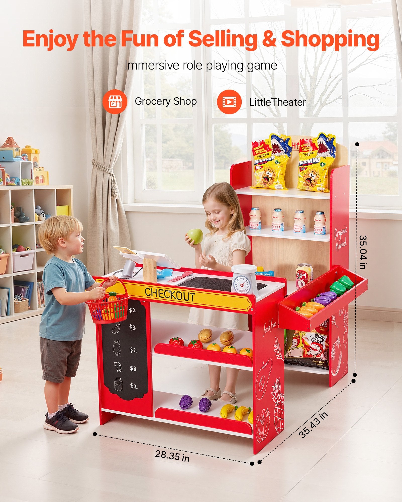 Title: Wooden Kids Supermarket Playset with Conveyor Belt, Cash Register, Realistic Scale & Shopping Bag - Perfect Role-Play Toy for Creative Boys & Girls