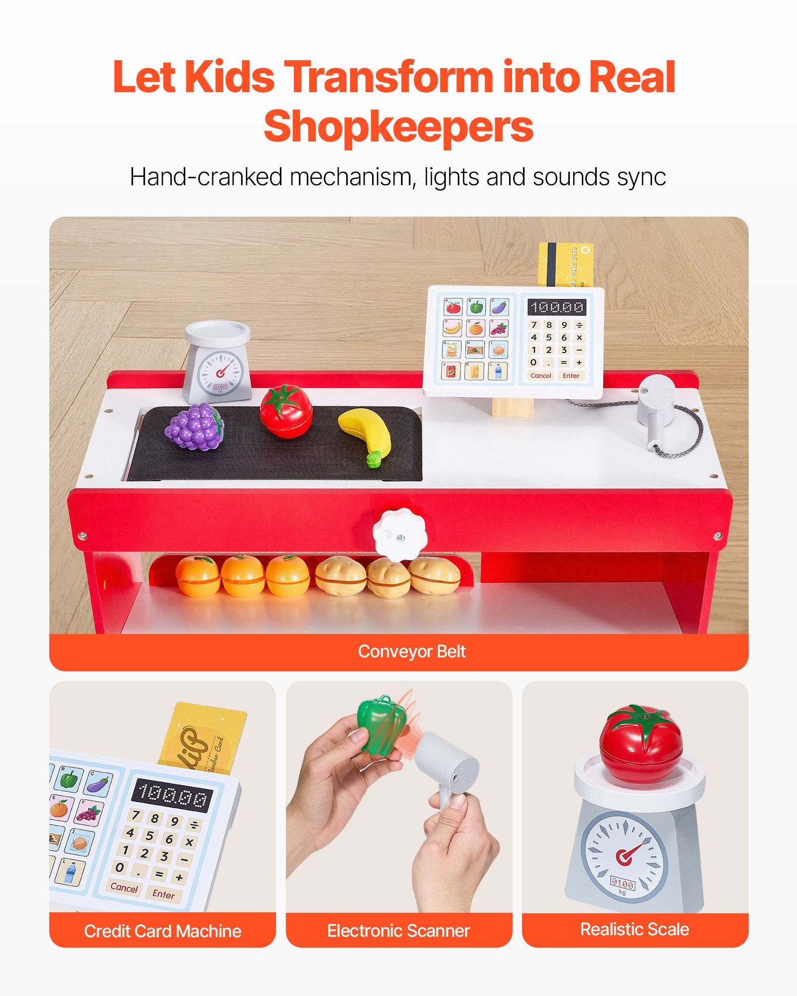 Title: Wooden Kids Supermarket Playset with Conveyor Belt, Cash Register, Realistic Scale & Shopping Bag - Perfect Role-Play Toy for Creative Boys & Girls