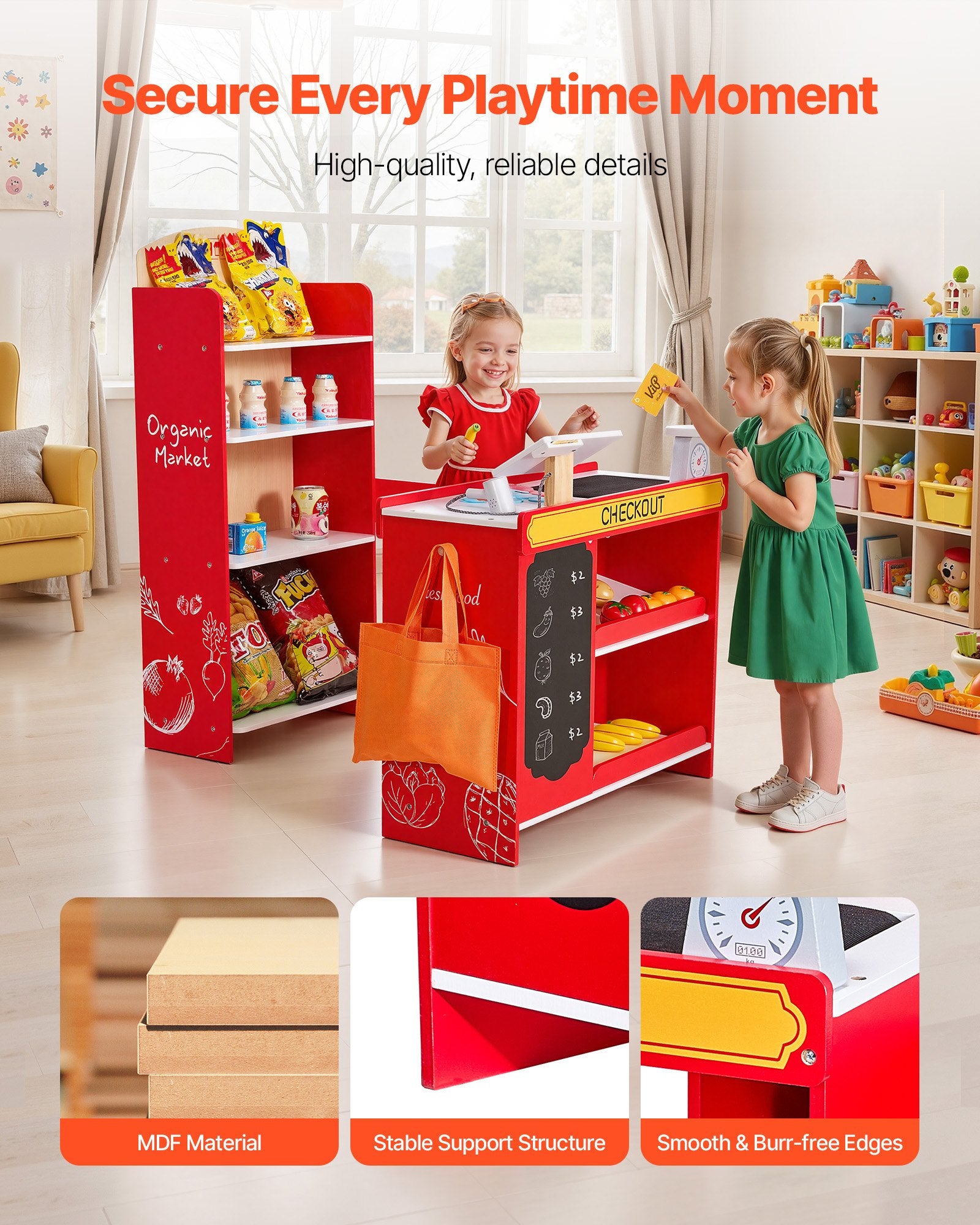 Title: Wooden Kids Supermarket Playset with Conveyor Belt, Cash Register, Realistic Scale & Shopping Bag - Perfect Role-Play Toy for Creative Boys & Girls