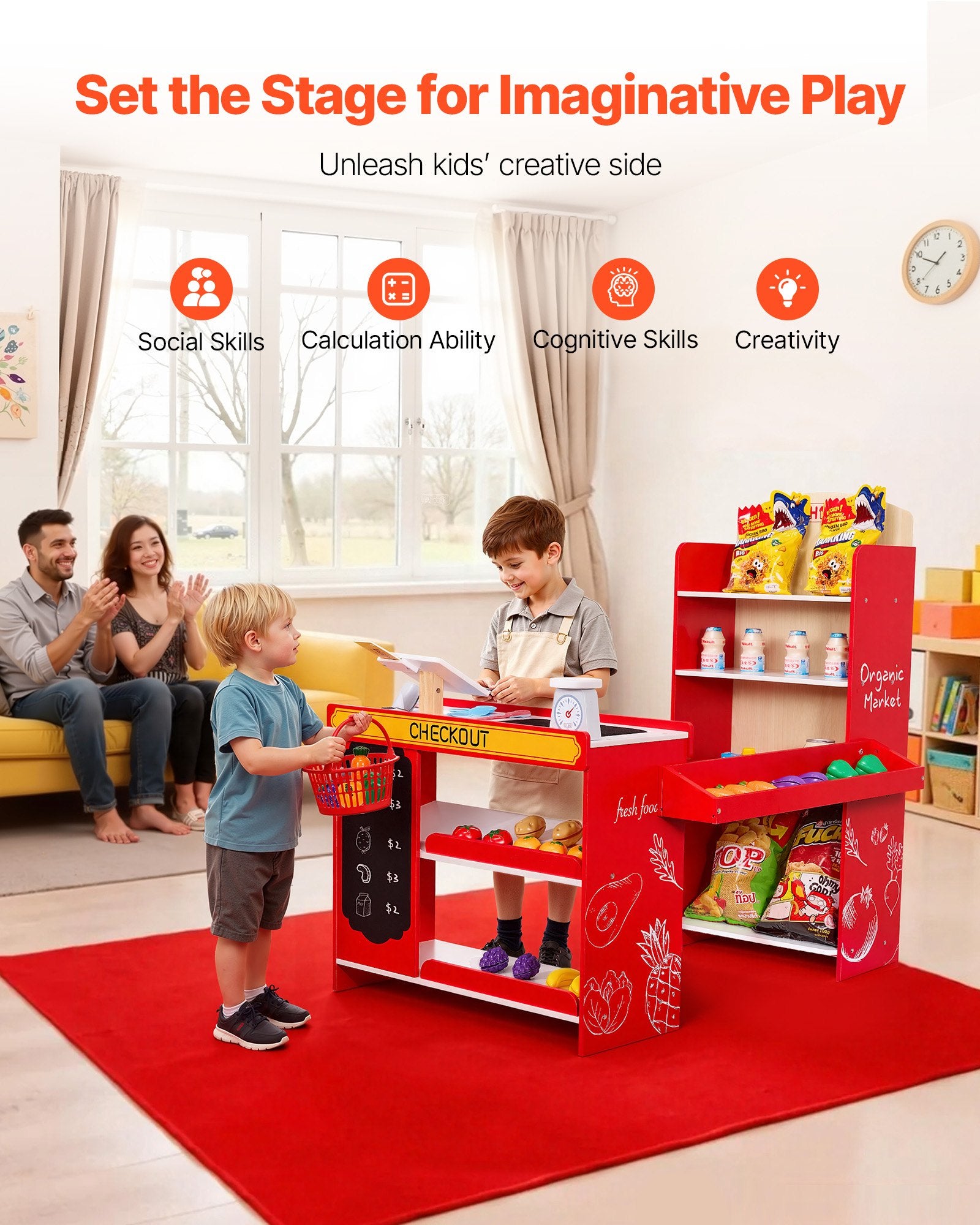 Title: Wooden Kids Supermarket Playset with Conveyor Belt, Cash Register, Realistic Scale & Shopping Bag - Perfect Role-Play Toy for Creative Boys & Girls