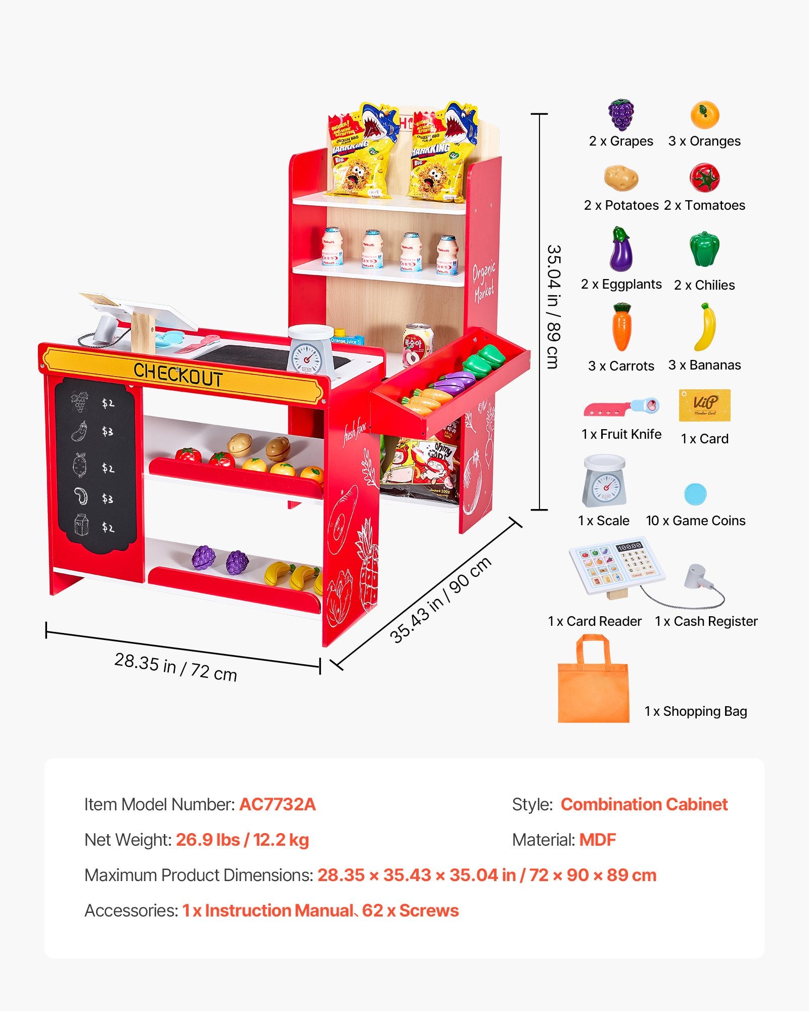 Title: Wooden Kids Supermarket Playset with Conveyor Belt, Cash Register, Realistic Scale & Shopping Bag - Perfect Role-Play Toy for Creative Boys & Girls