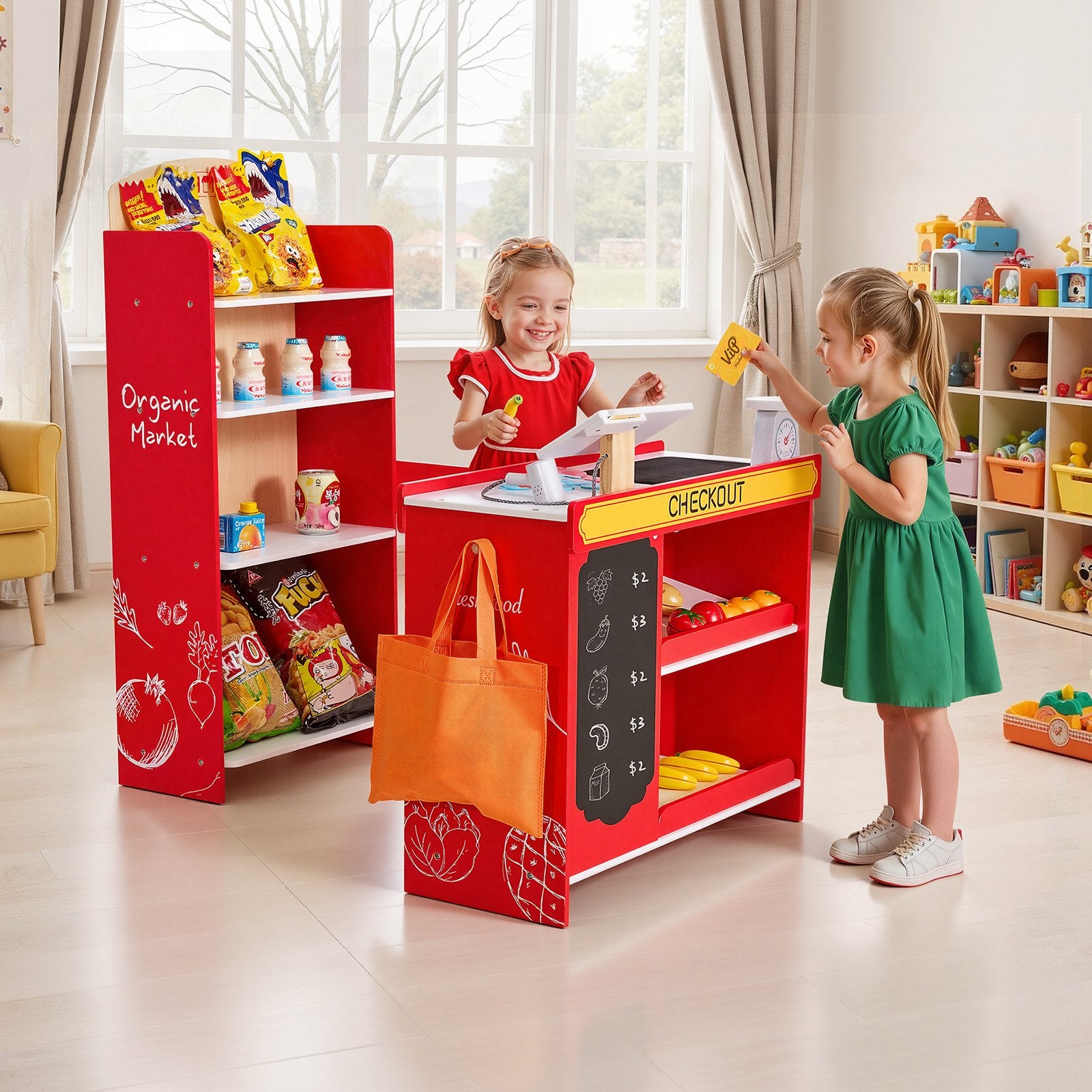Title: Wooden Kids Supermarket Playset with Conveyor Belt, Cash Register, Realistic Scale & Shopping Bag - Perfect Role-Play Toy for Creative Boys & Girls