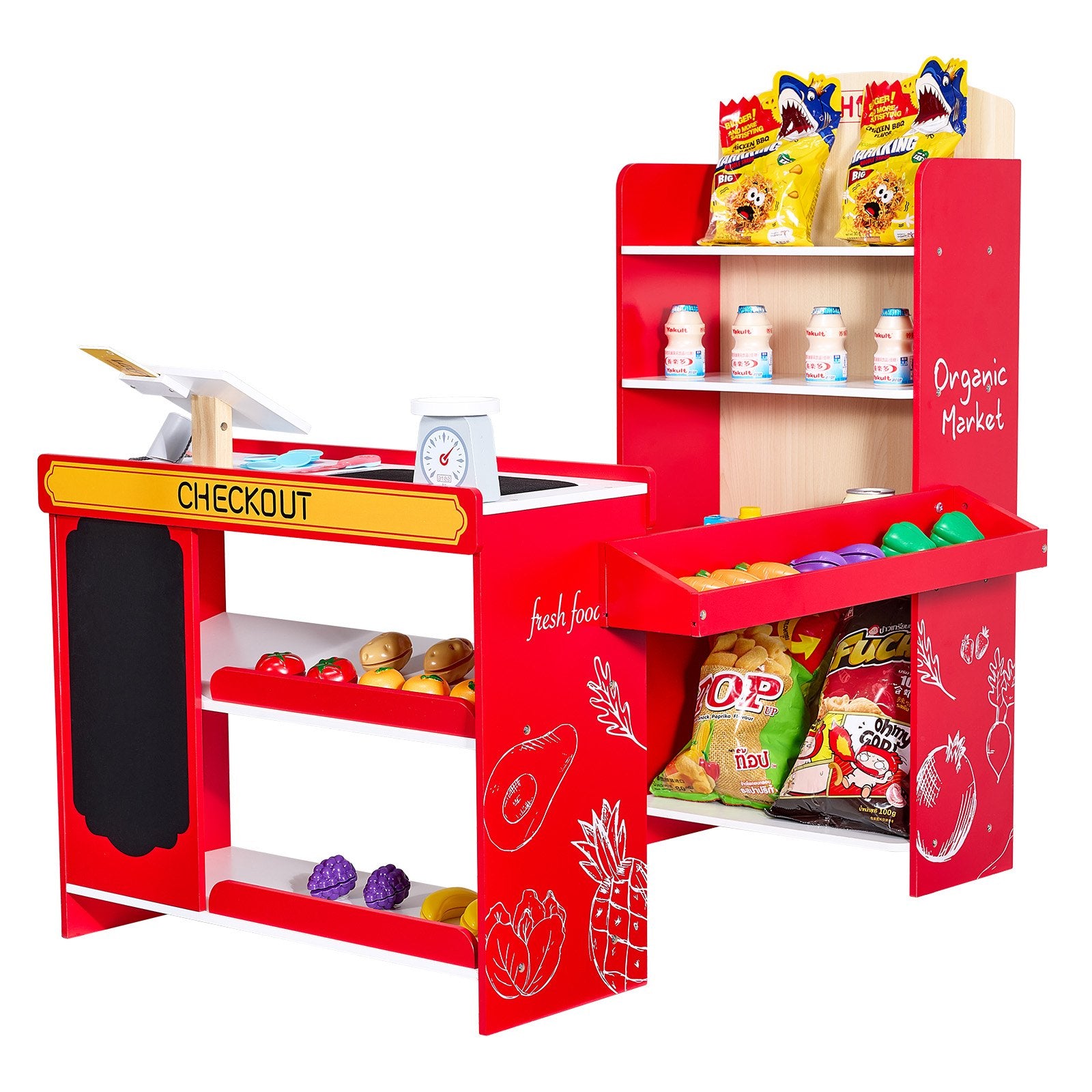 Title: Wooden Kids Supermarket Playset with Conveyor Belt, Cash Register, Realistic Scale & Shopping Bag - Perfect Role-Play Toy for Creative Boys & Girls