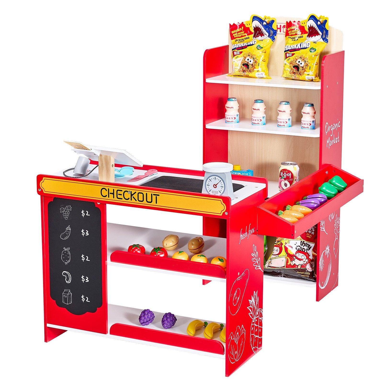 Title: Wooden Kids Supermarket Playset with Conveyor Belt, Cash Register, Realistic Scale & Shopping Bag - Perfect Role-Play Toy for Creative Boys & Girls