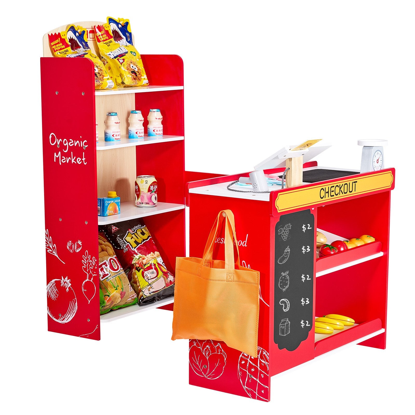 Title: Wooden Kids Supermarket Playset with Conveyor Belt, Cash Register, Realistic Scale & Shopping Bag - Perfect Role-Play Toy for Creative Boys & Girls