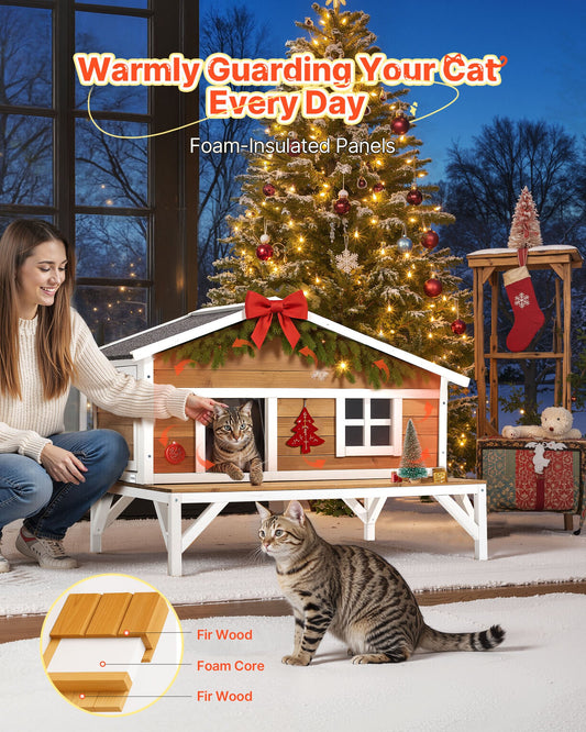 Spacious Insulated Cat House with Foam and Elevated Wooden Shelter, Waterproof Outdoor & Indoor Winter Haven for Feral Cats, 43.5x33.5x31 in
