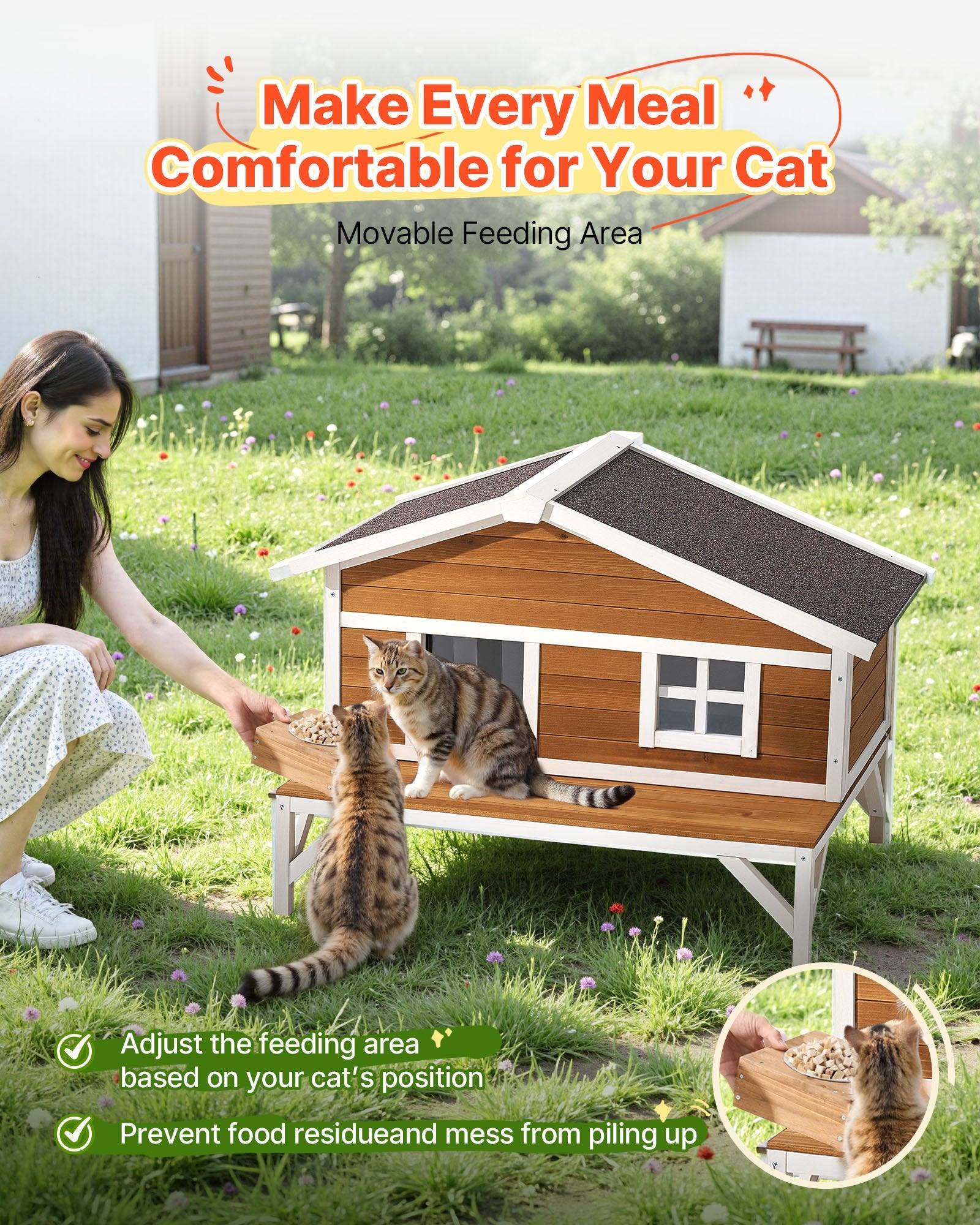 Spacious Insulated Cat House with Foam and Elevated Wooden Shelter, Waterproof Outdoor & Indoor Winter Haven for Feral Cats, 43.5x33.5x31 in