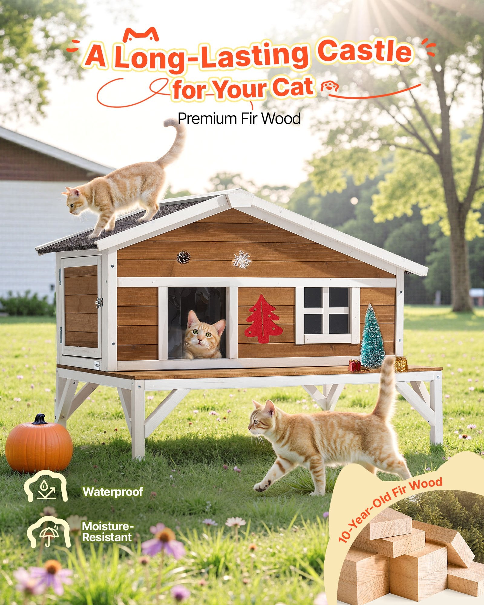 Spacious Insulated Cat House with Foam and Elevated Wooden Shelter, Waterproof Outdoor & Indoor Winter Haven for Feral Cats, 43.5x33.5x31 in