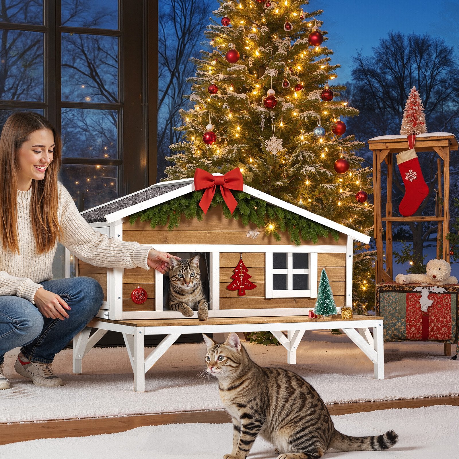 Spacious Insulated Cat House with Foam and Elevated Wooden Shelter, Waterproof Outdoor & Indoor Winter Haven for Feral Cats, 43.5x33.5x31 in