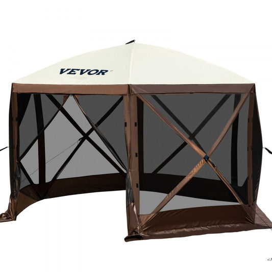 VEVOR Camping Gazebo Tent, 12'x12', 6 Sided Pop-up Canopy Screen Tent for 8 Person Camping, IPX3 Waterproof Screen Shelter w/Portable Storage Bag, Ground Stakes, Mesh Windows, Brown & Beige