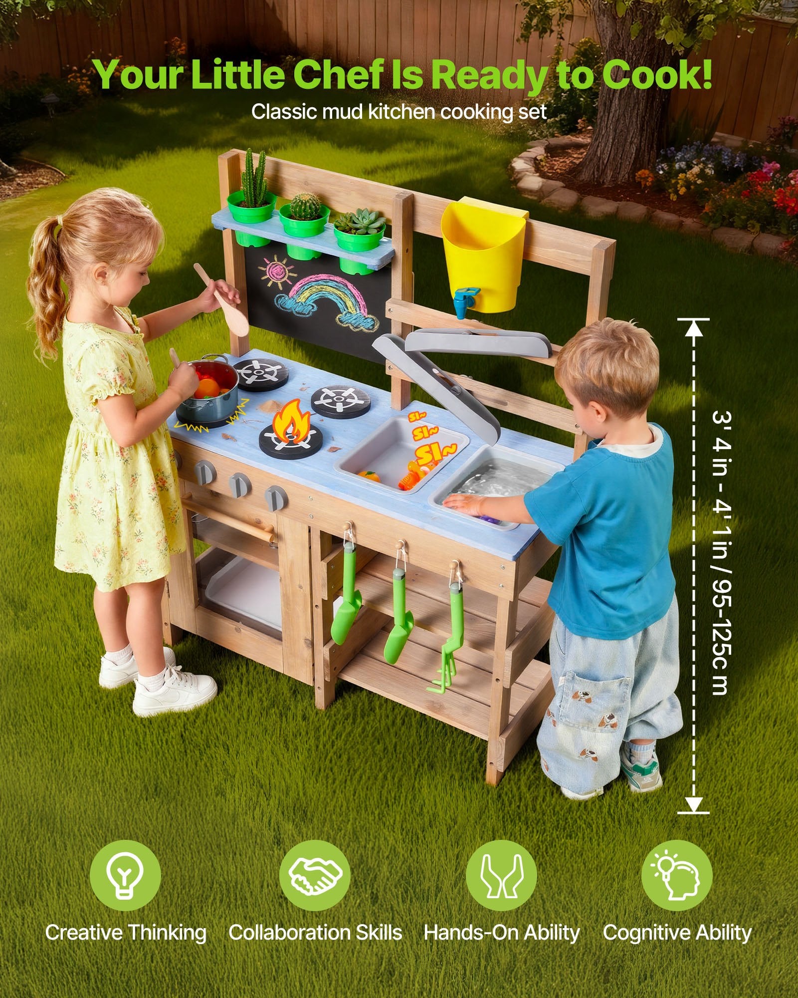 Wooden Outdoor Mud Kitchen for Kids - Includes Stoves, Sinks, Hooks, Planting Shovels, Cookware, Play with Water and Sand Accessories
