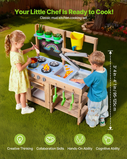Wooden Outdoor Mud Kitchen for Kids - Includes Stoves, Sinks, Hooks, Planting Shovels, Cookware, Play with Water and Sand Accessories