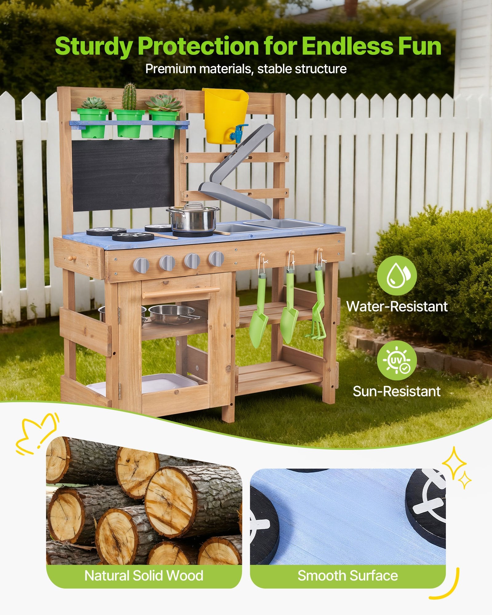 Wooden Outdoor Mud Kitchen for Kids - Includes Stoves, Sinks, Hooks, Planting Shovels, Cookware, Play with Water and Sand Accessories
