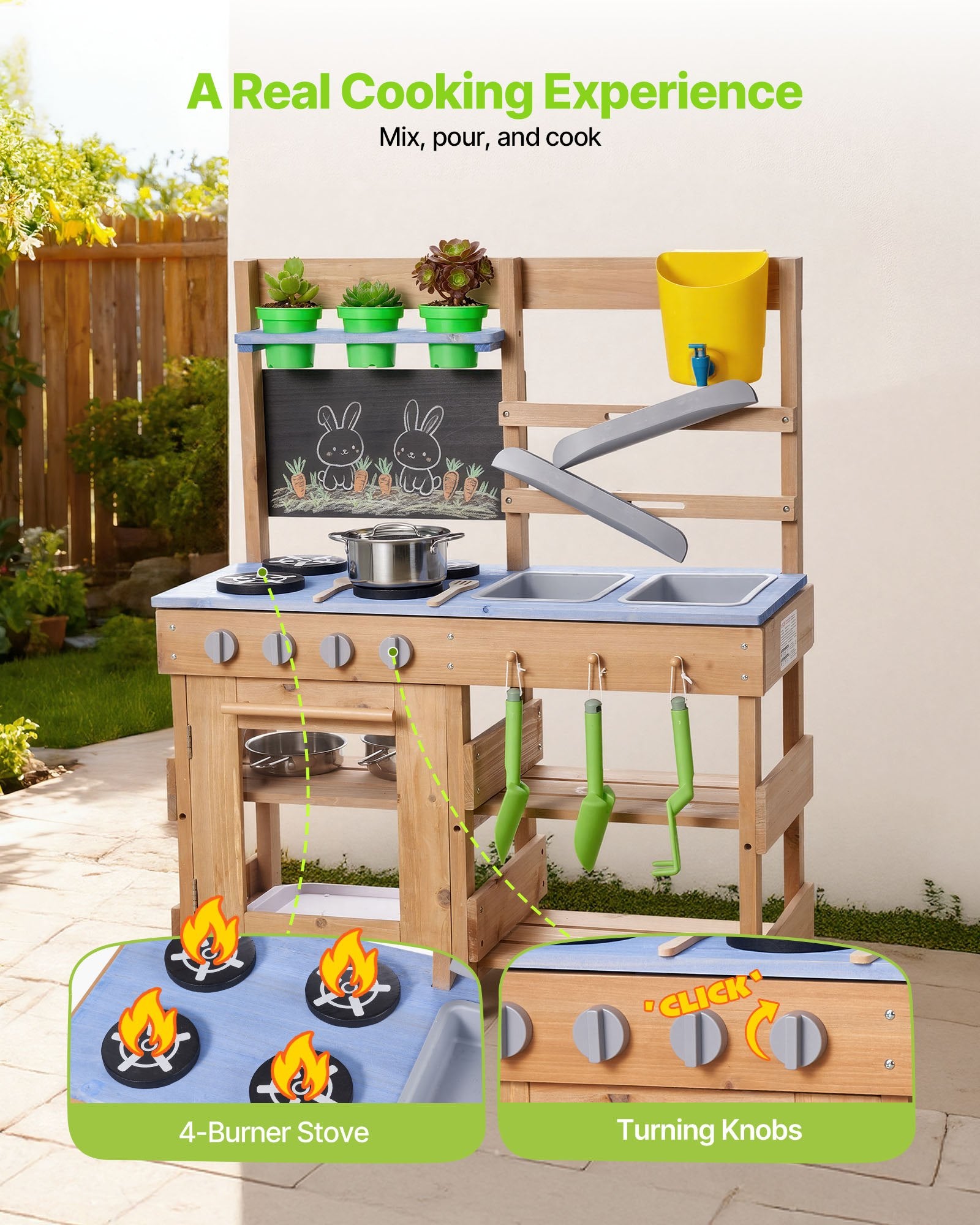 Wooden Outdoor Mud Kitchen for Kids - Includes Stoves, Sinks, Hooks, Planting Shovels, Cookware, Play with Water and Sand Accessories