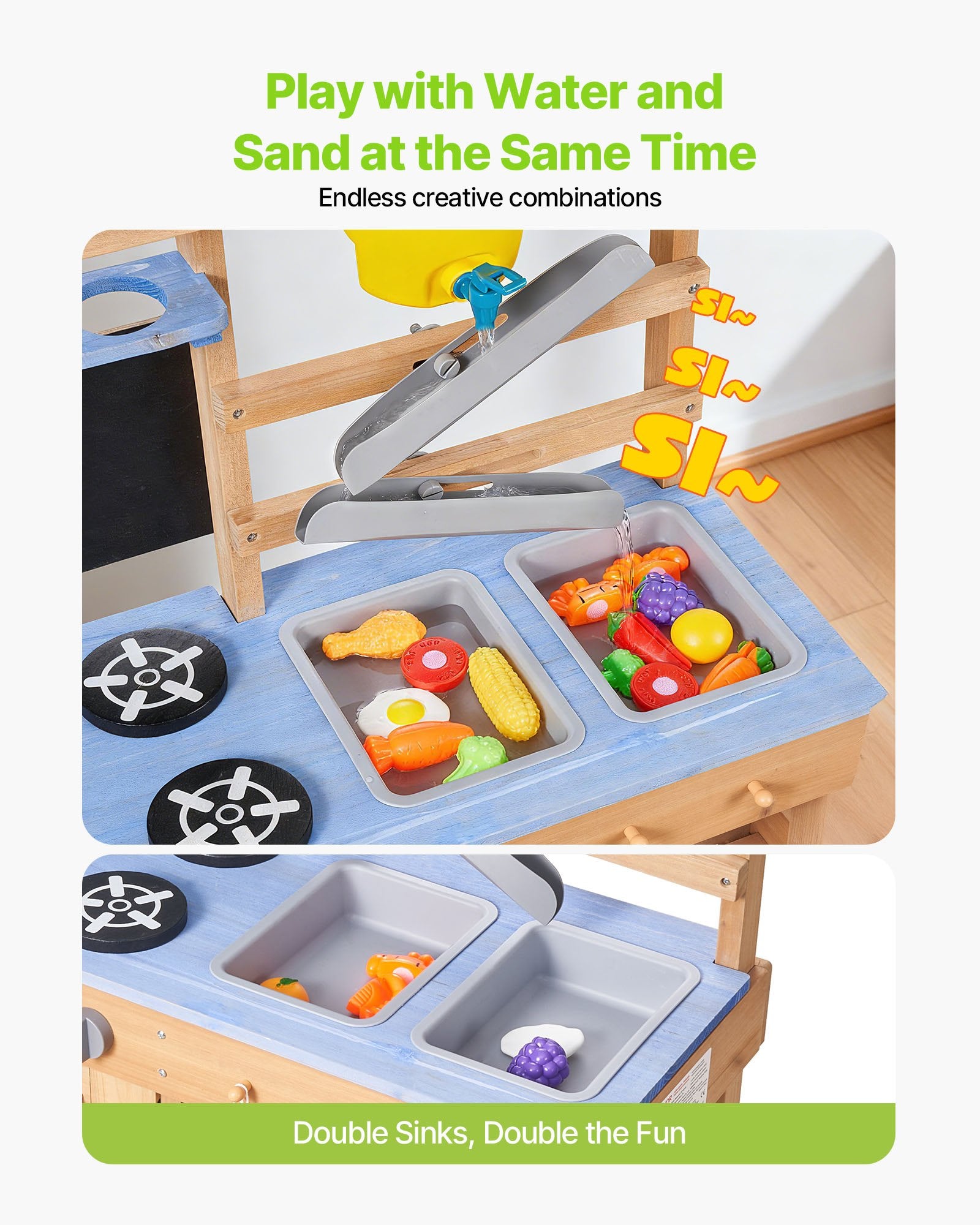 Wooden Outdoor Mud Kitchen for Kids - Includes Stoves, Sinks, Hooks, Planting Shovels, Cookware, Play with Water and Sand Accessories