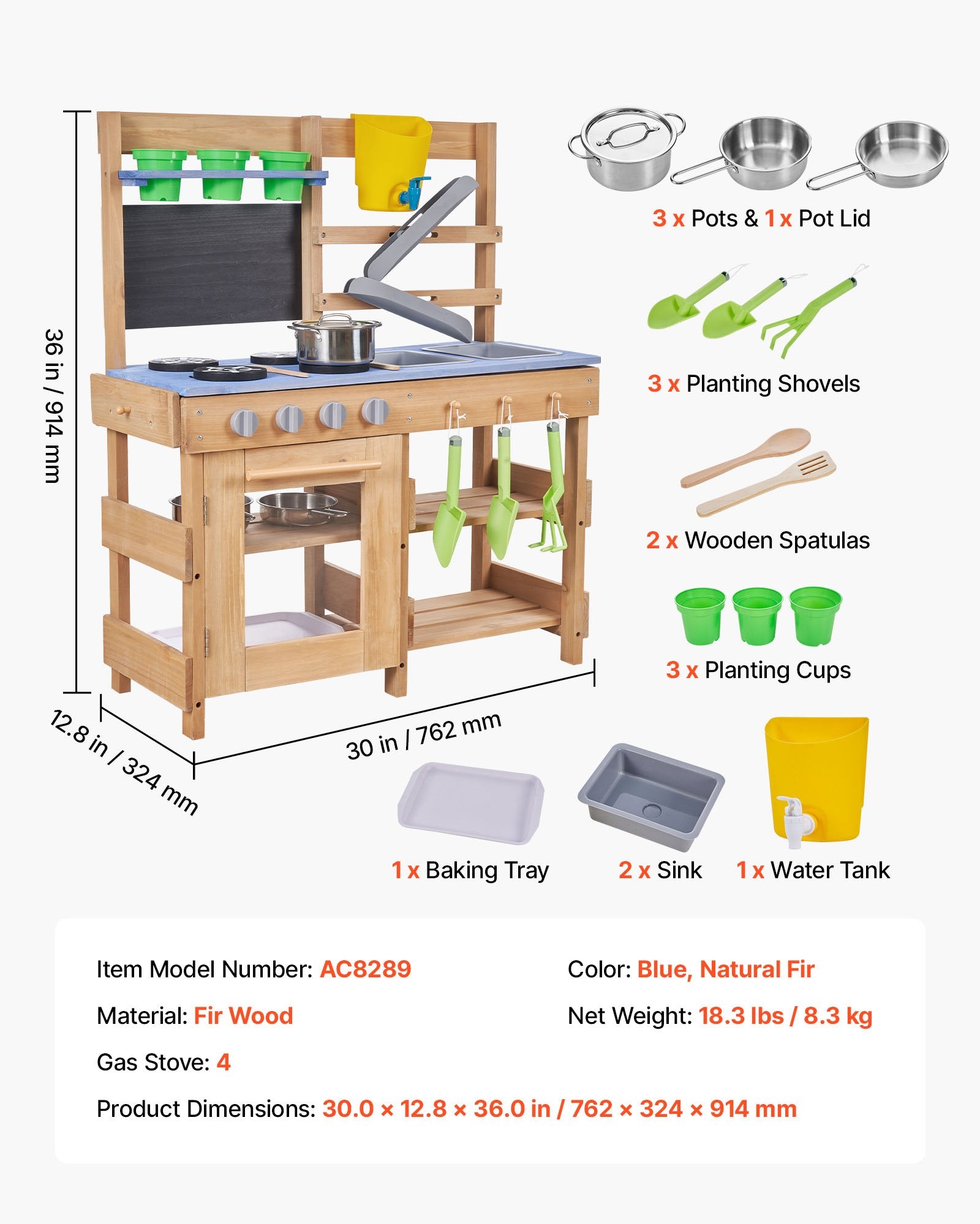Wooden Outdoor Mud Kitchen for Kids - Includes Stoves, Sinks, Hooks, Planting Shovels, Cookware, Play with Water and Sand Accessories