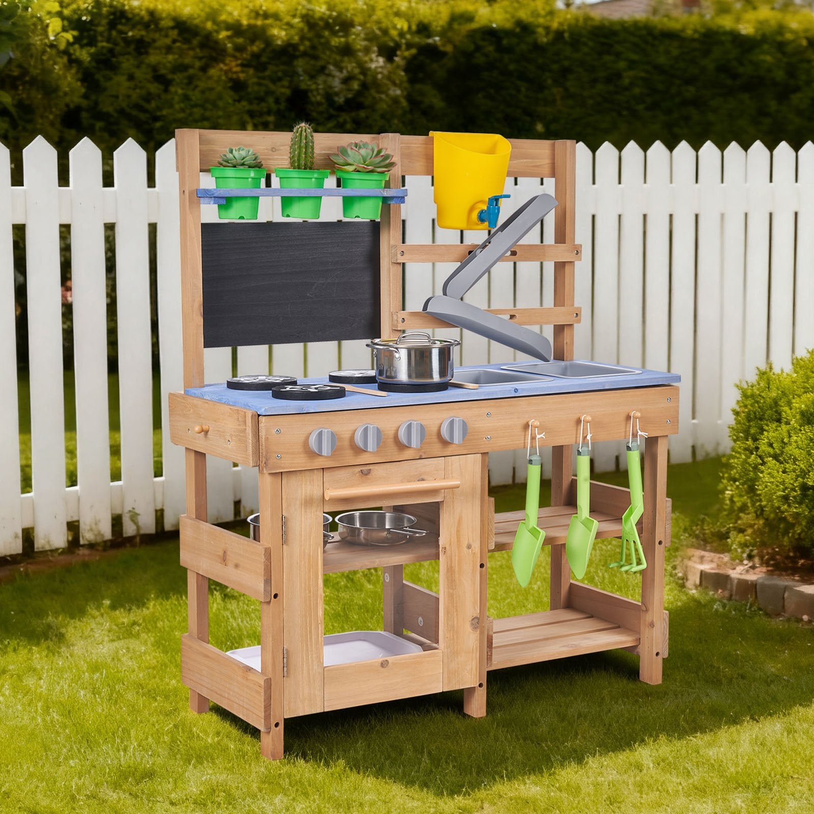Wooden Outdoor Mud Kitchen for Kids - Includes Stoves, Sinks, Hooks, Planting Shovels, Cookware, Play with Water and Sand Accessories
