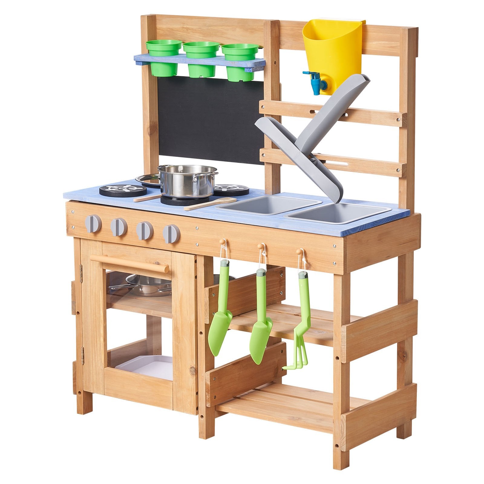 Wooden Outdoor Mud Kitchen for Kids - Includes Stoves, Sinks, Hooks, Planting Shovels, Cookware, Play with Water and Sand Accessories