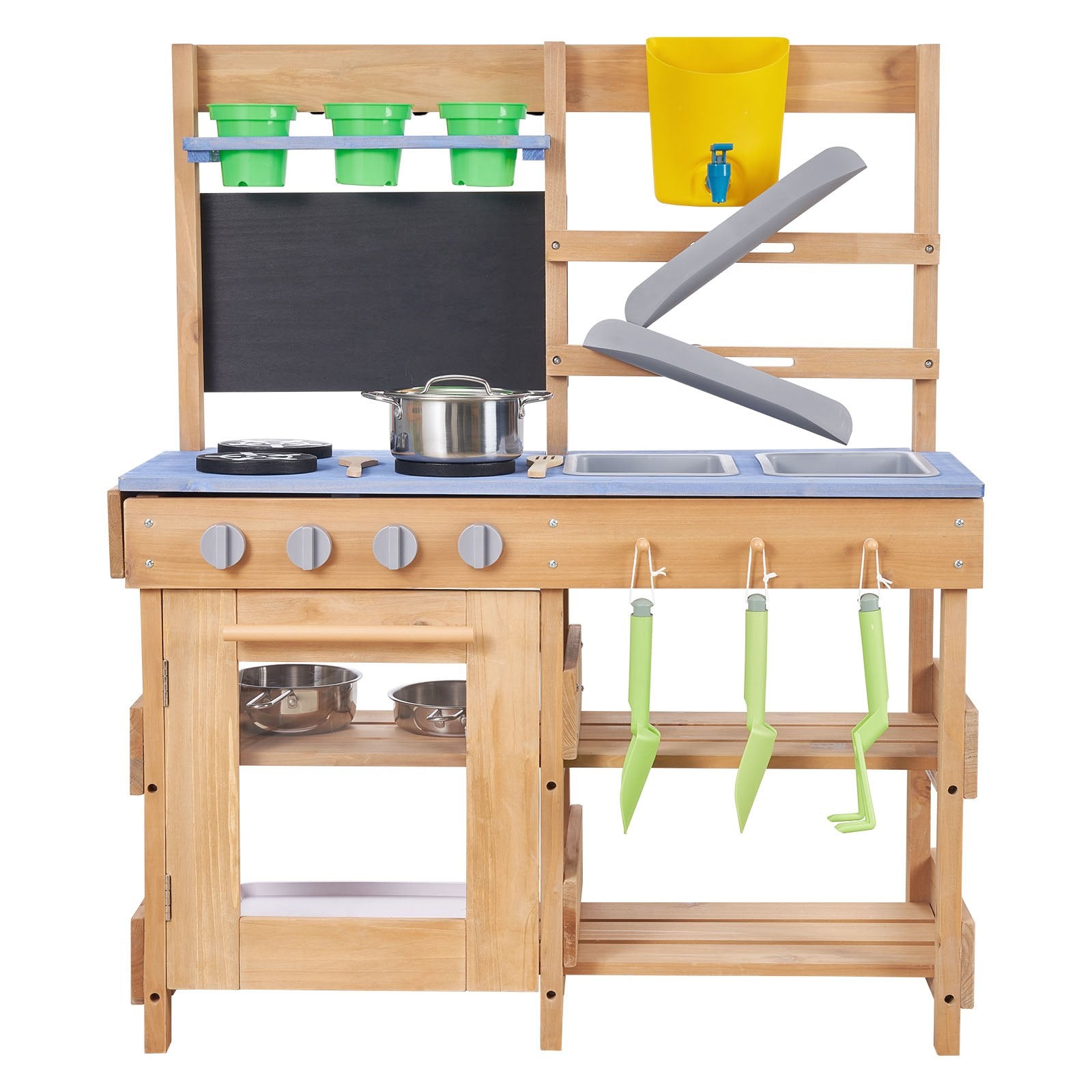Wooden Outdoor Mud Kitchen for Kids - Includes Stoves, Sinks, Hooks, Planting Shovels, Cookware, Play with Water and Sand Accessories