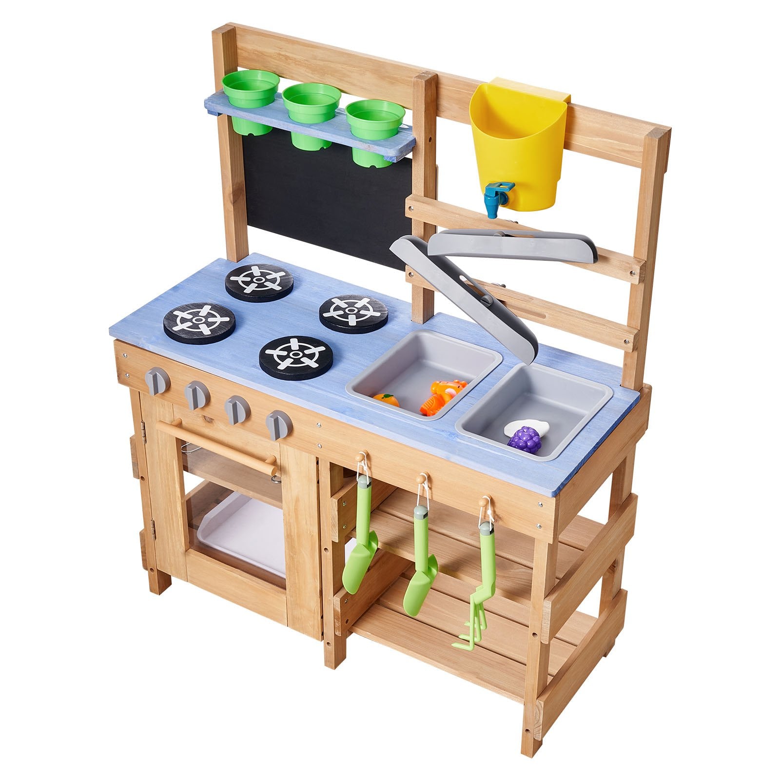 Wooden Outdoor Mud Kitchen for Kids - Includes Stoves, Sinks, Hooks, Planting Shovels, Cookware, Play with Water and Sand Accessories