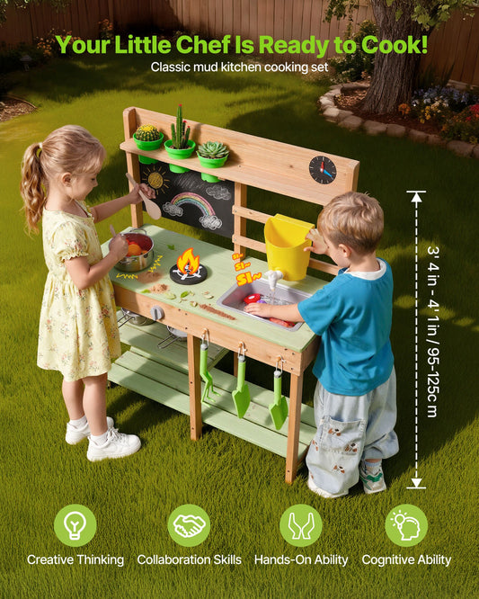 Children's Wooden Outdoor Mud Kitchen with Stove, Sink, and Play Accessories - Perfect for Backyard Fun and Imaginative Play
