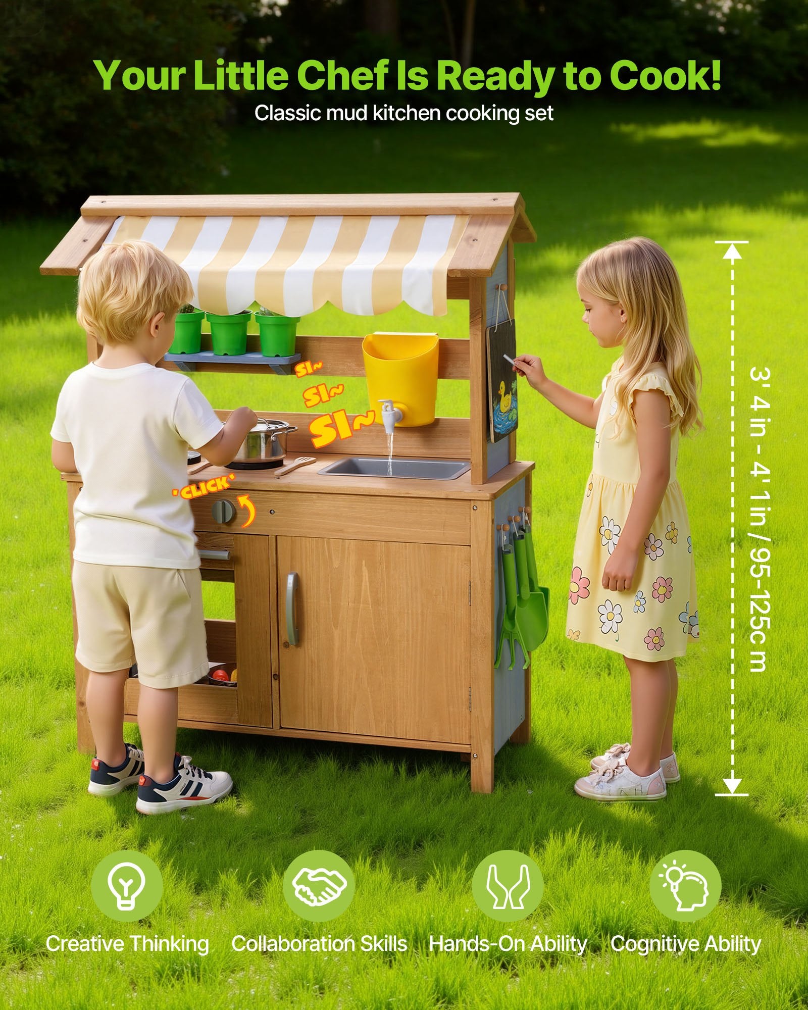 Outdoor Wooden Mud Kitchen for Kids with Cookware, Sink, Sunshade, Storage, and Accessories - Perfect Backyard Playset for Creative Fun