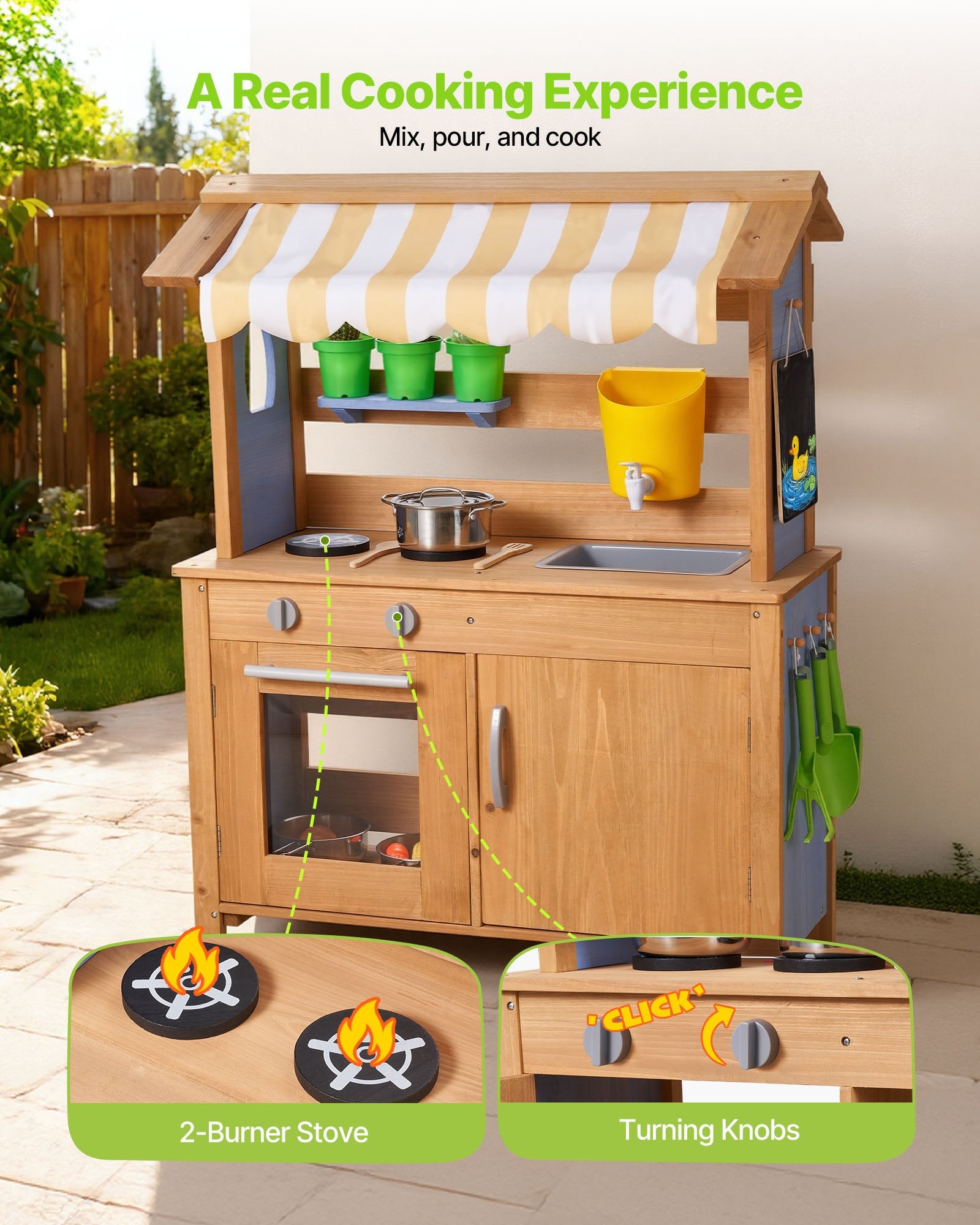 Outdoor Wooden Mud Kitchen for Kids with Cookware, Sink, Sunshade, Storage, and Accessories - Perfect Backyard Playset for Creative Fun