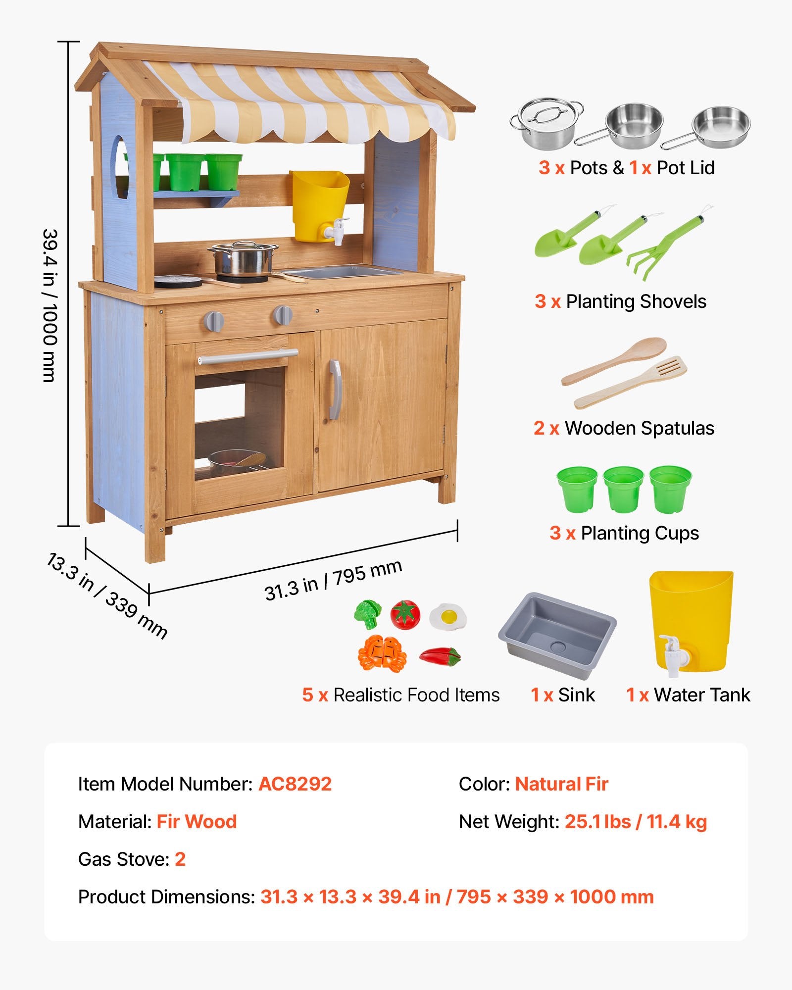 Outdoor Wooden Mud Kitchen for Kids with Cookware, Sink, Sunshade, Storage, and Accessories - Perfect Backyard Playset for Creative Fun