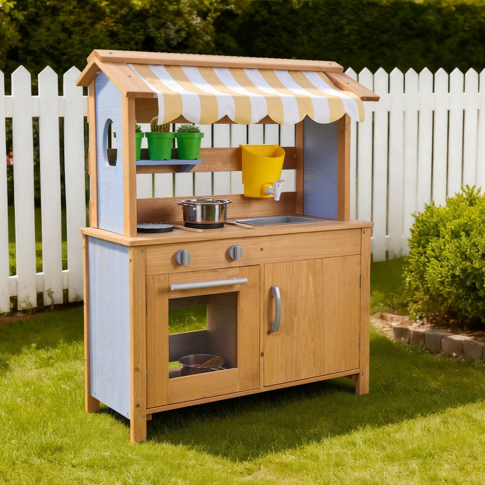 Outdoor Wooden Mud Kitchen for Kids with Cookware, Sink, Sunshade, Storage, and Accessories - Perfect Backyard Playset for Creative Fun