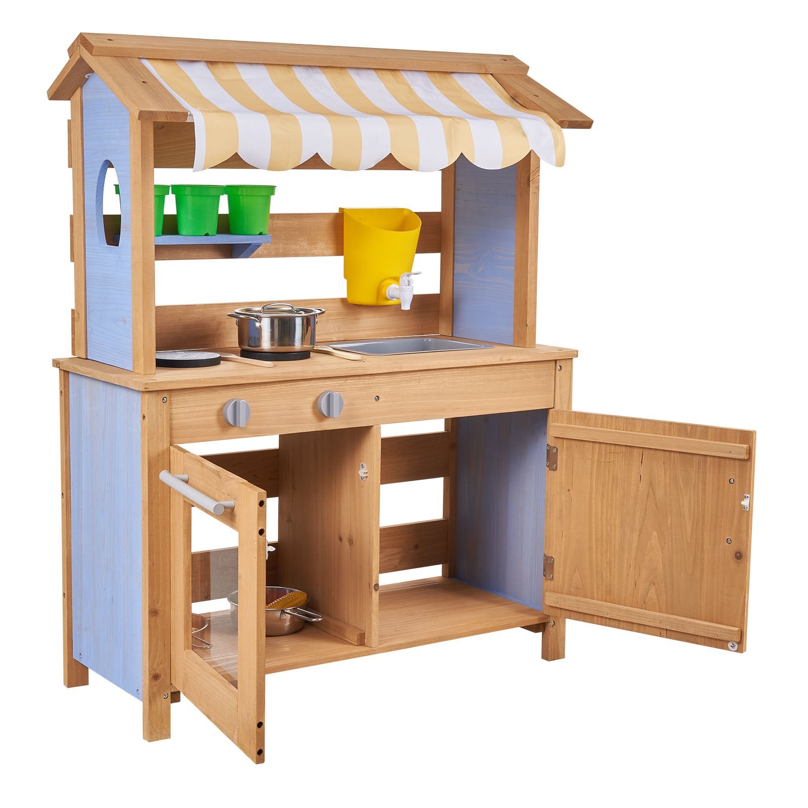 Outdoor Wooden Mud Kitchen for Kids with Cookware, Sink, Sunshade, Storage, and Accessories - Perfect Backyard Playset for Creative Fun