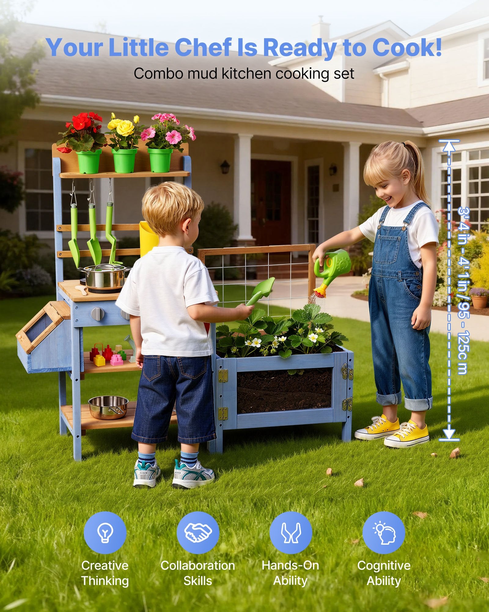 Explore Nature with Kids’ Outdoor Wooden Mud Kitchen - Includes Planting Box, Critter Catcher, Sink, Cookware & Lawn Play Accessories